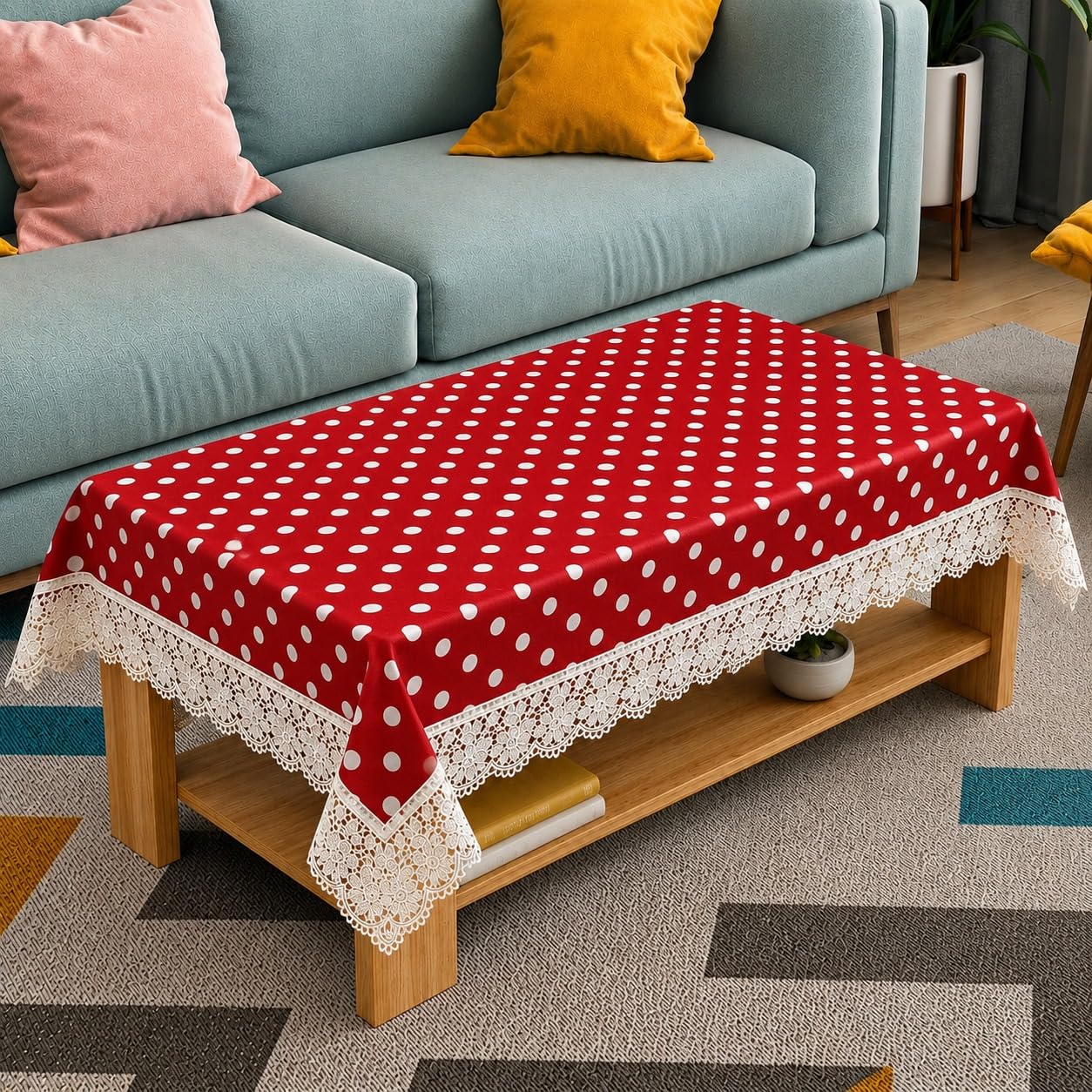 Printed Center & Dining Table Cover with White Lace | PVC 2-4 Seater Rectangular Center Table Cover for Home| Lightweight, Waterproof & Anti Slip Table Cloth (Size 40x60, Red Polka, Pack of 1)-image-22