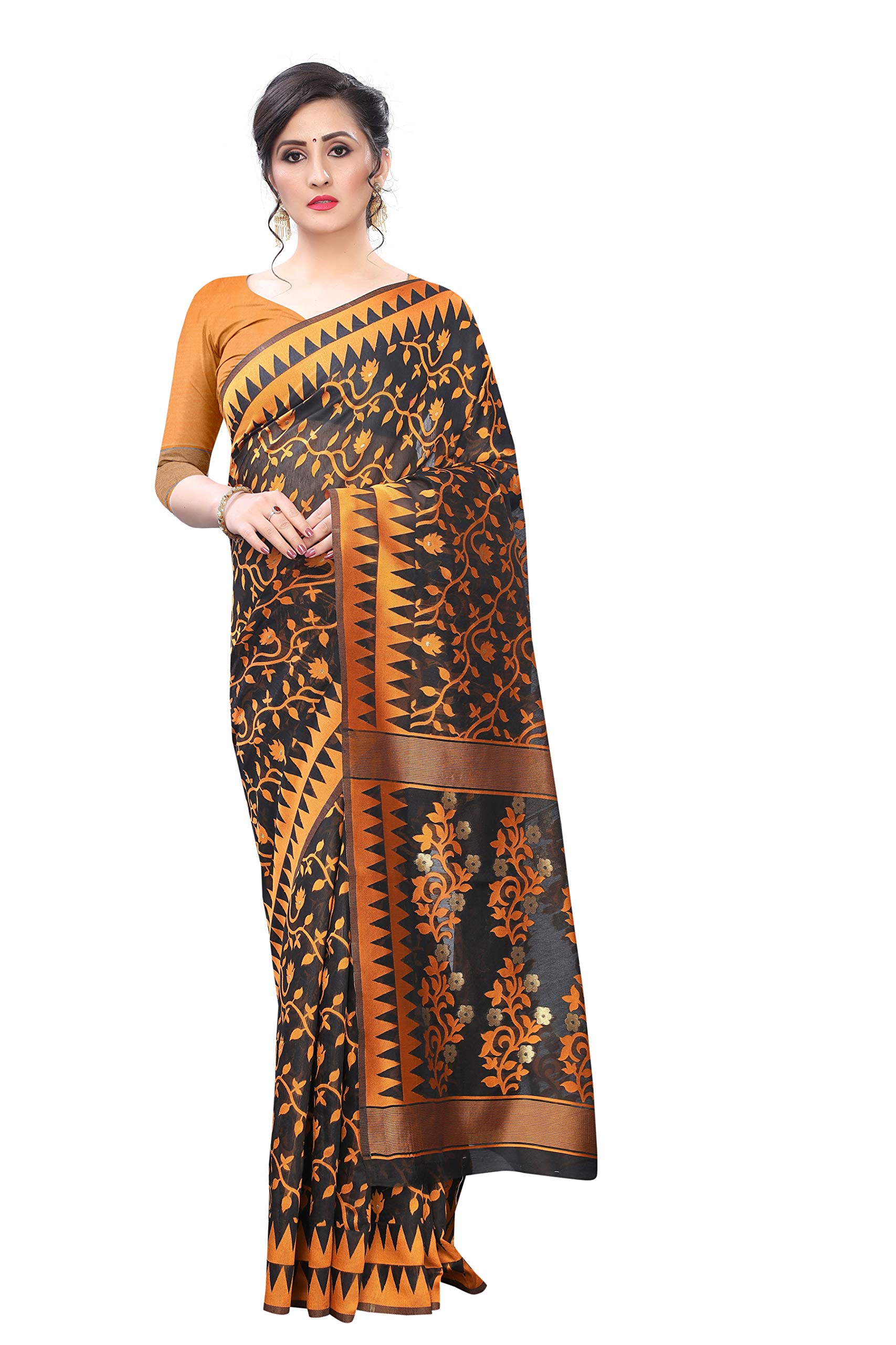 Enthone Women's Pure Cotton Jamdani Saree With Unstitched Blouse Piece(Yellow)