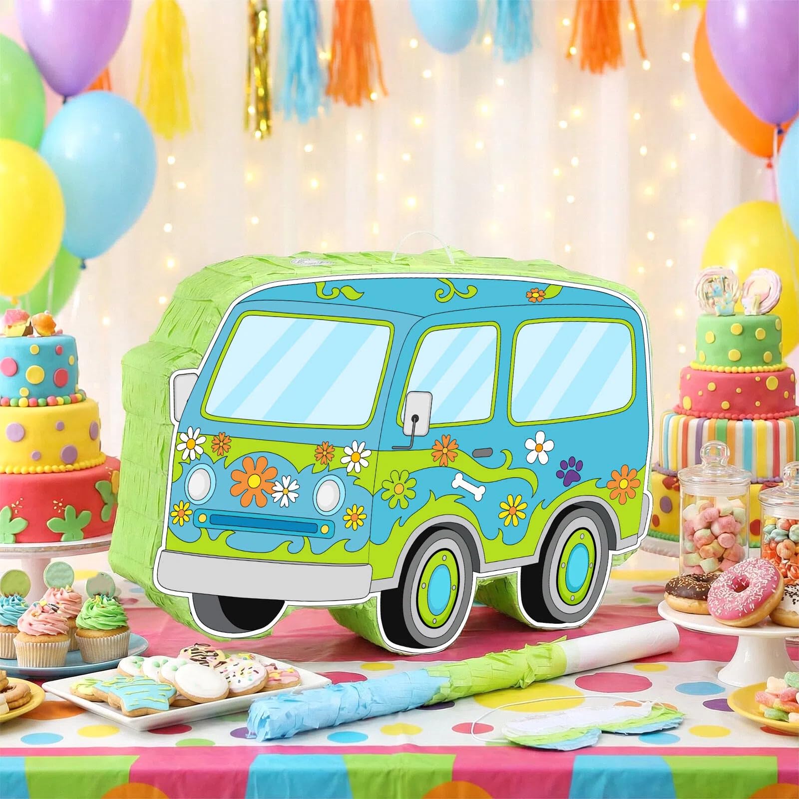 Threan Decoración de fiesta temática de perro, piñata de coche de dibujos animados, hippie, Groovy Daisy Piñata, juego con palo con los ojos vendados, para niños y niños, decoración de fiesta de