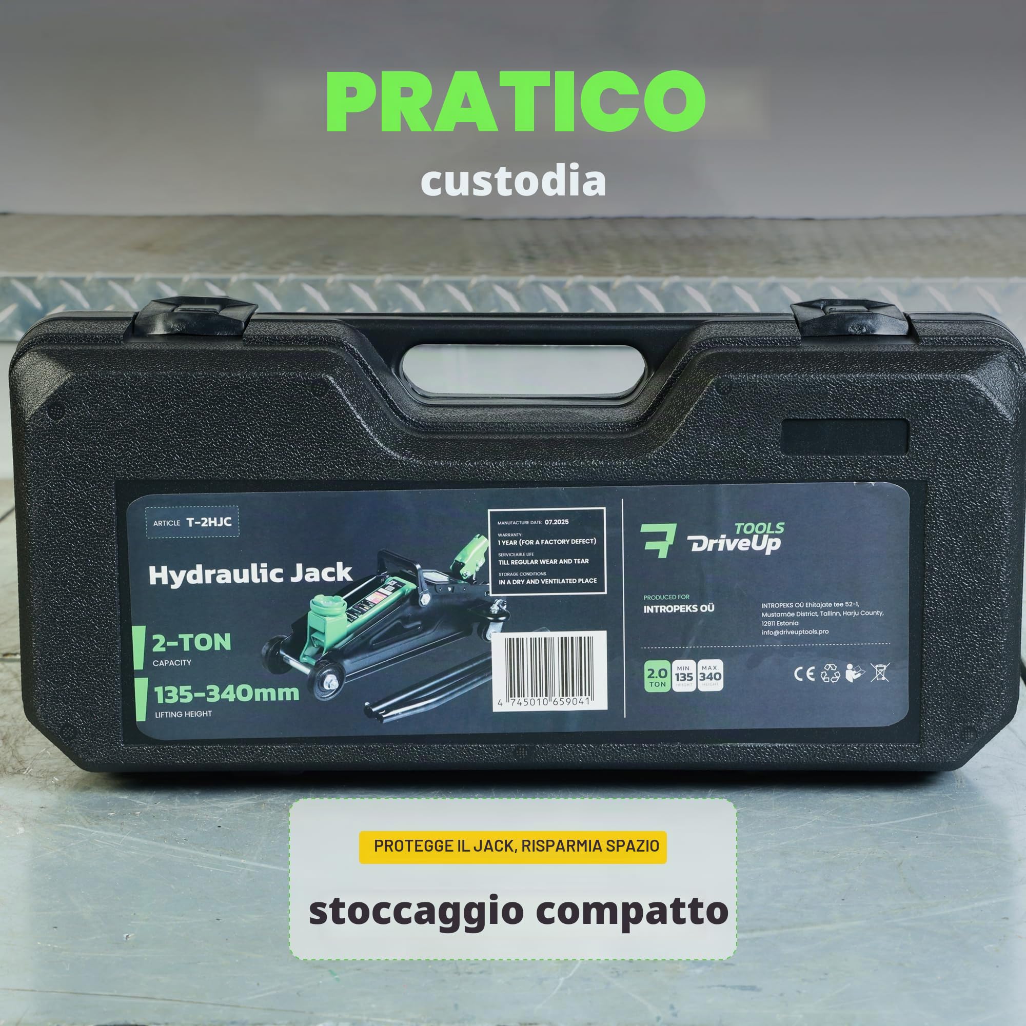 Martinetto idraulico a carrello 2 tonnellate con valigetta, intervallo sollevamento 13,5-34 cm per auto SUV