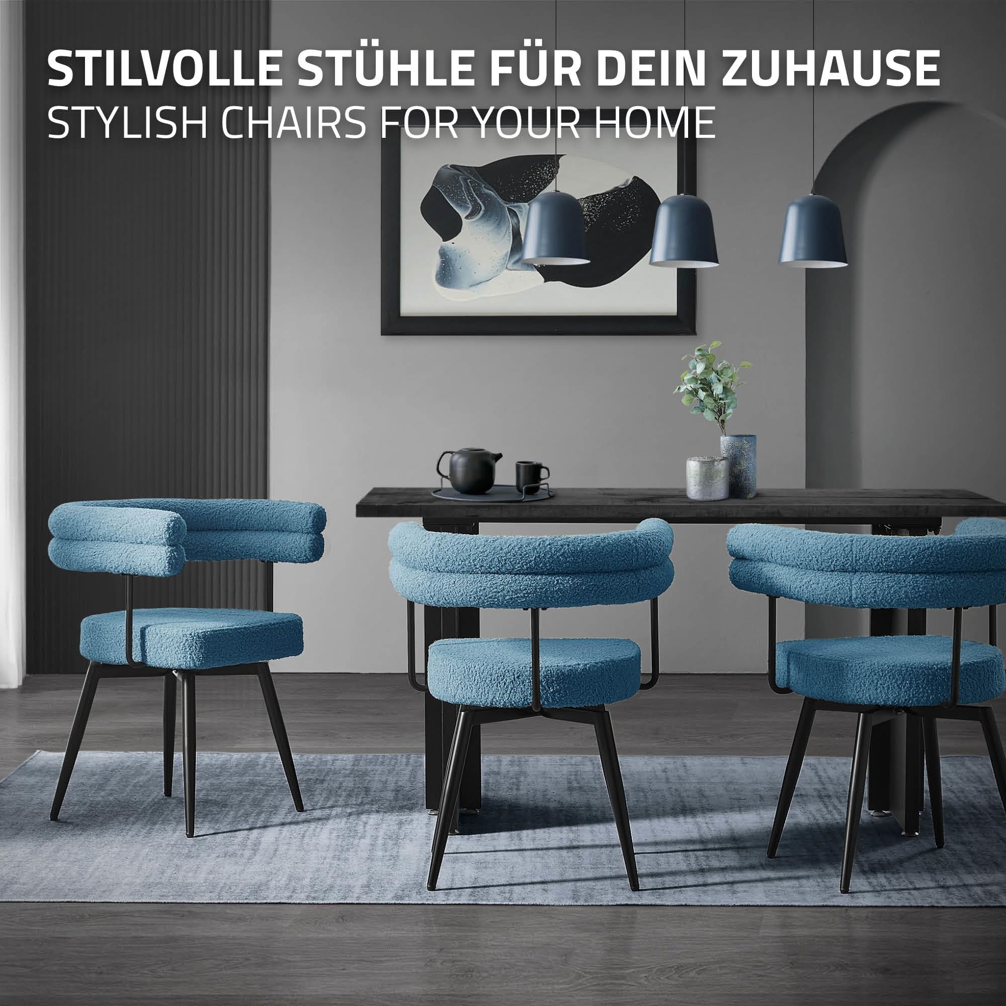ML-Design Set di 4 Sedie da Sala da Pranzo Girevoli a 360° in Tessuto Teddy Blu, Poltrone da Soggiorno con Braccioli e Schienale Imbottito, Sedili Moderni Ergonomici con Gambe in Metallo per Ufficio