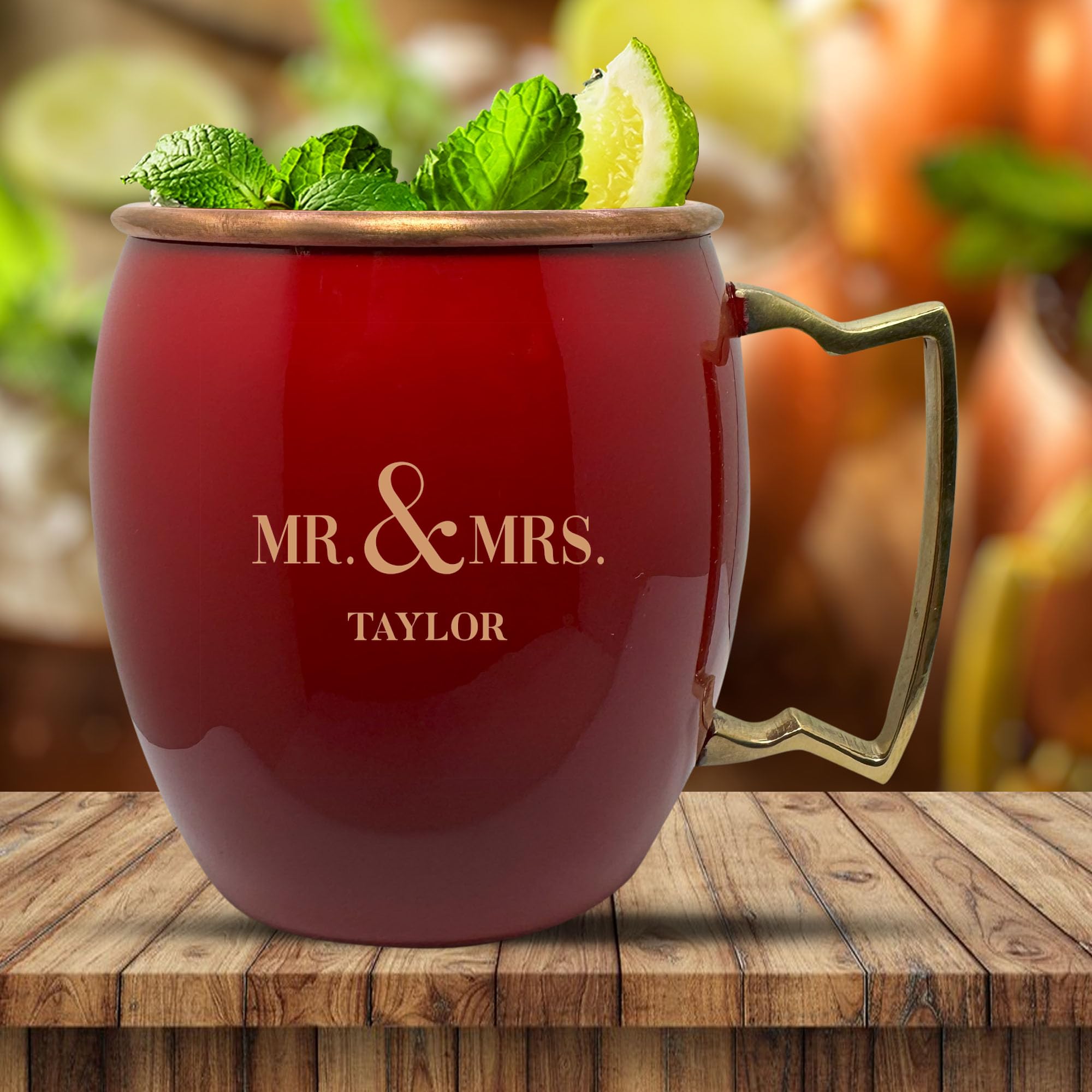 Custom Copper Moscow Mule with Smooth Painted Finish - Engraved Bar Style 100% Copper Cup with Personalized Mr and Mrs Monogram Themed Engraving, Brass Handle | 18 oz, Red