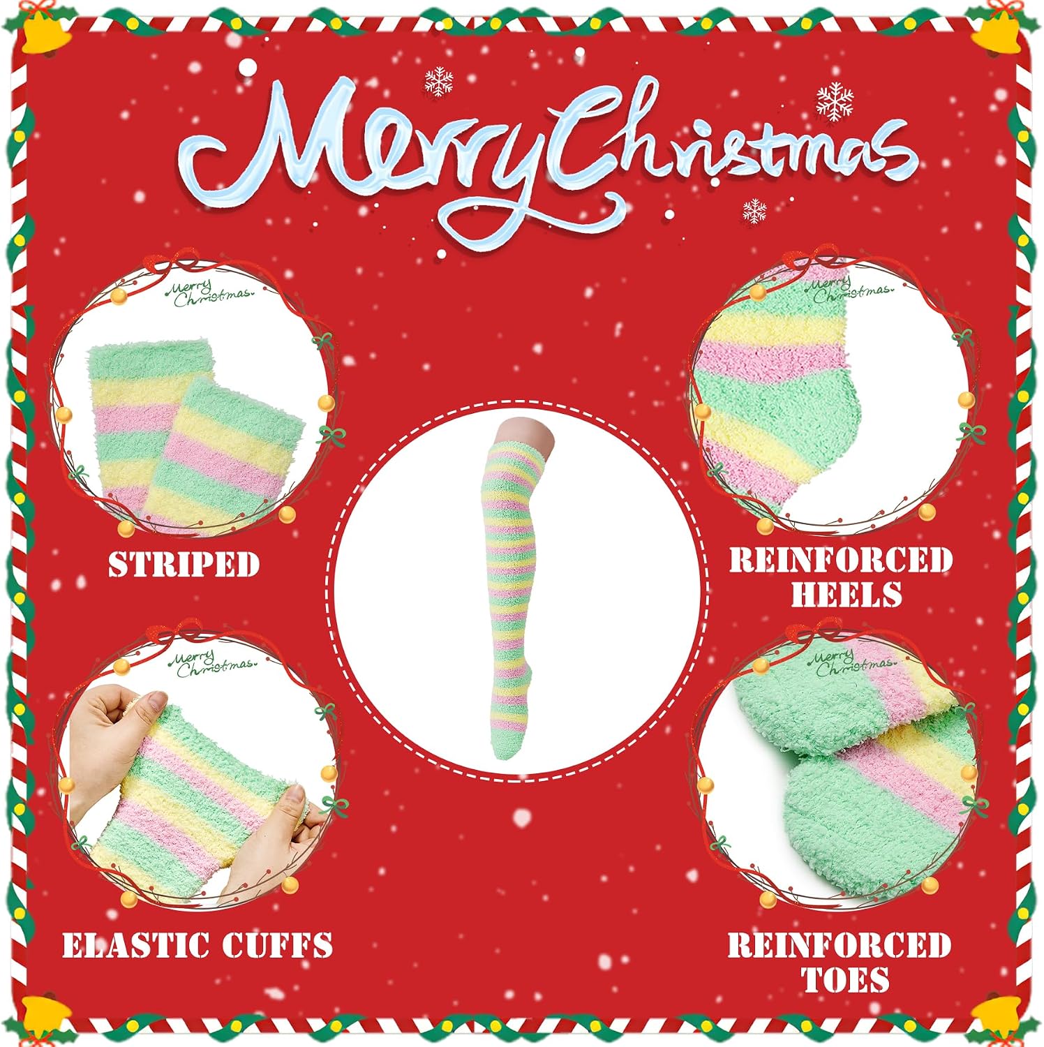 Zando Christmas Fuzzy Striped Thigh High Socks for Women Over the Knee Socks Thigh Highs Leg Warmers Drawstring Gift Bags