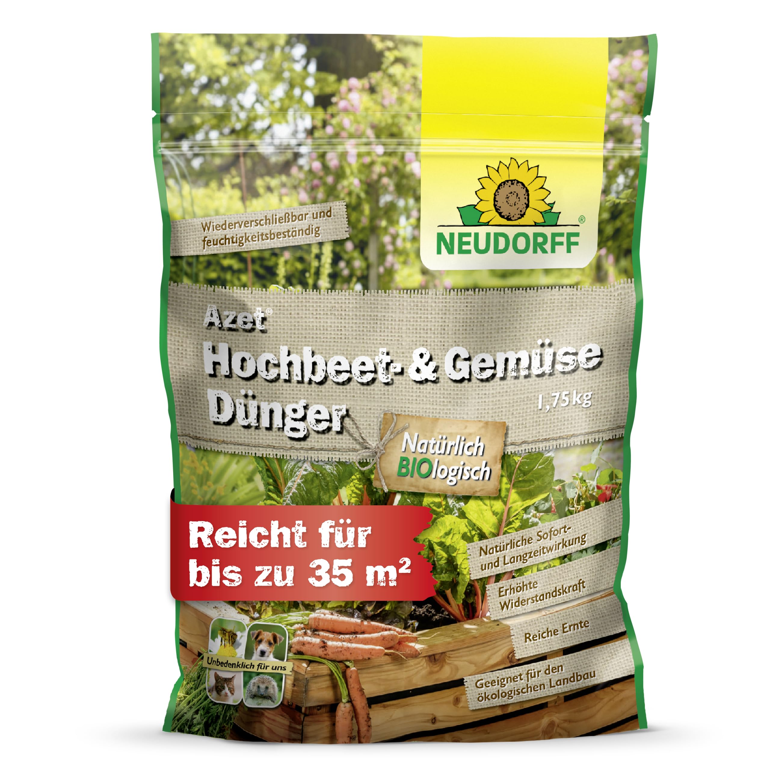 Neudorff Azet Hochbeet- & GemüseDünger – Bio Hochbeetdünger mit 100 Tagen Langzeitwirkung für alle Gemüsearten im Hochbeet, 1,75 kg für 35 m²