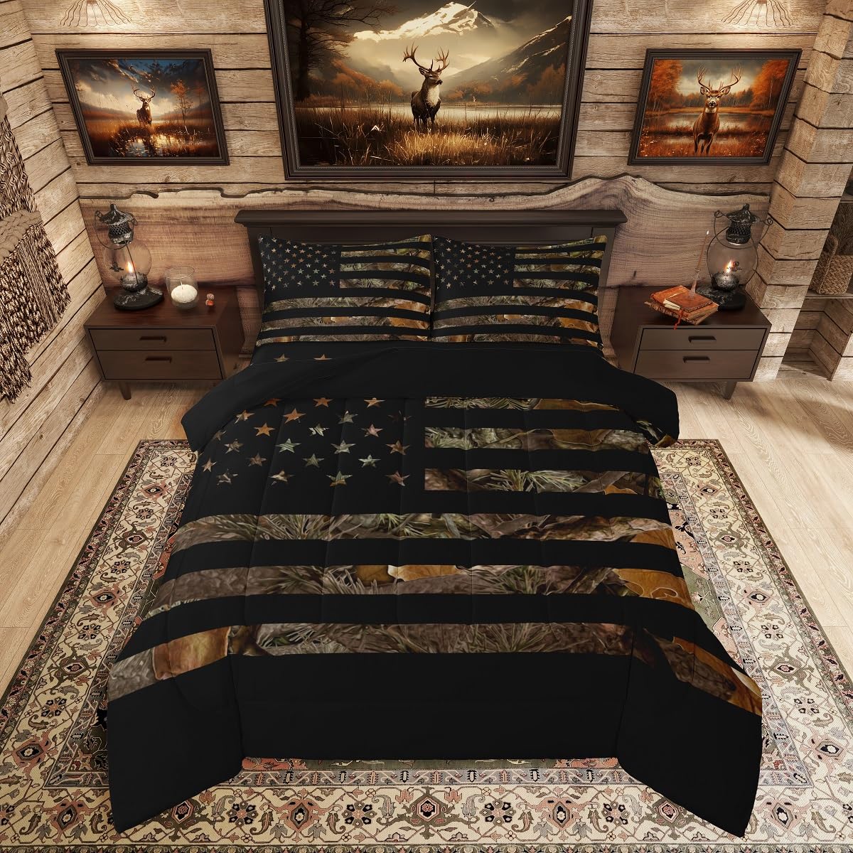 American Flag Camo Comforter Set Queen,Military Hunting Bedding Set Rustic Trees Leaves Camouflage Comforter for Boys Teens Kids Man Bedroom Nature