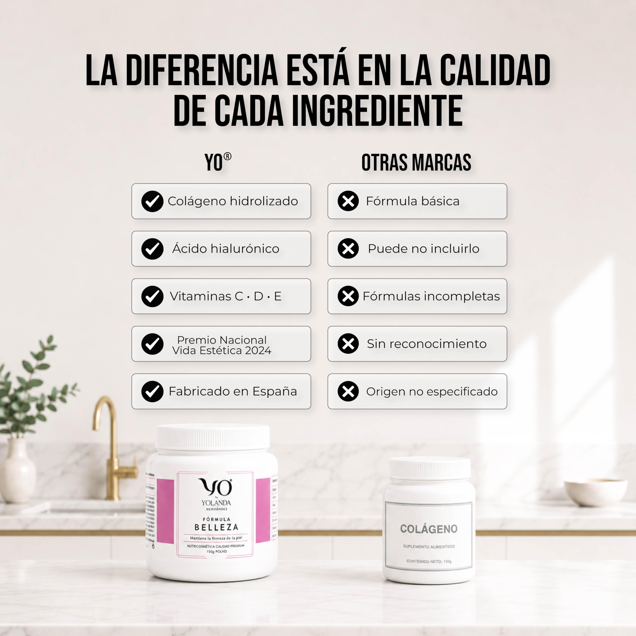 YO Fórmula Belleza | Colágeno Hidrolizado con Ácido Hialurónico Silicio L-Glicina | Vitaminas C, D, E para Piel, Cabello, Uñas | Envase 150g