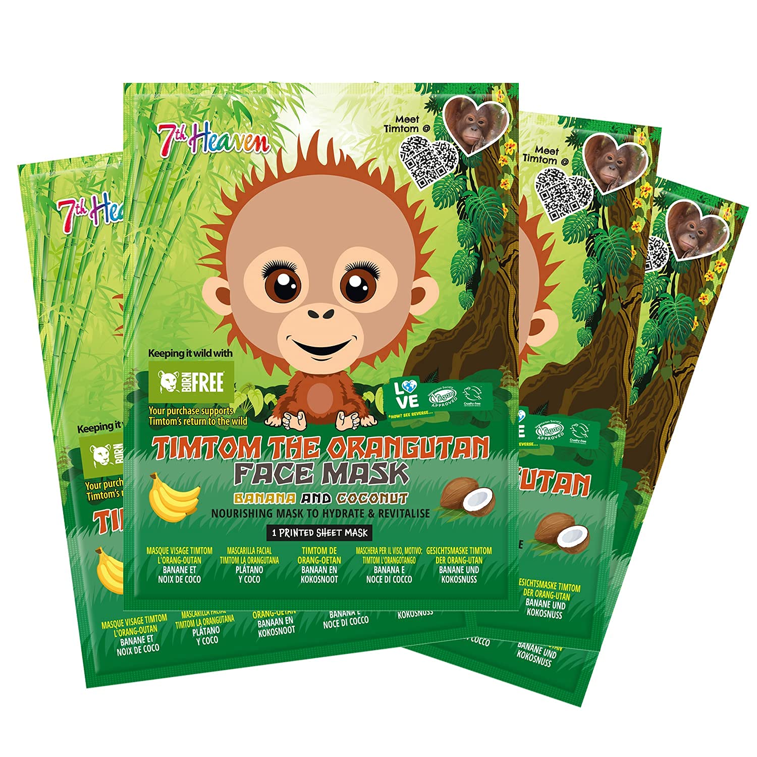7th HeavenBorn Free TimTom Orangutan Sheet Mask Multipack (Pack of 4) with Banana and Coconut to Nourish, Hydrate and Revitalise Skin (Ages 8+)
