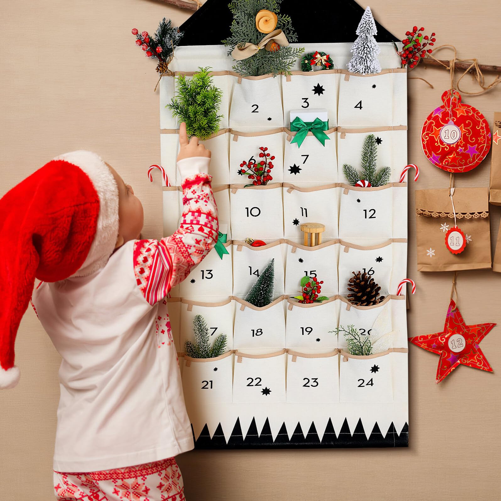 Weihnachts Adventskalender Aufbewahrungstasche aus Stoff 24 Taschen Hängender Wandschmuck Organizer für Kinderzimmer und Weihnachtsdeko