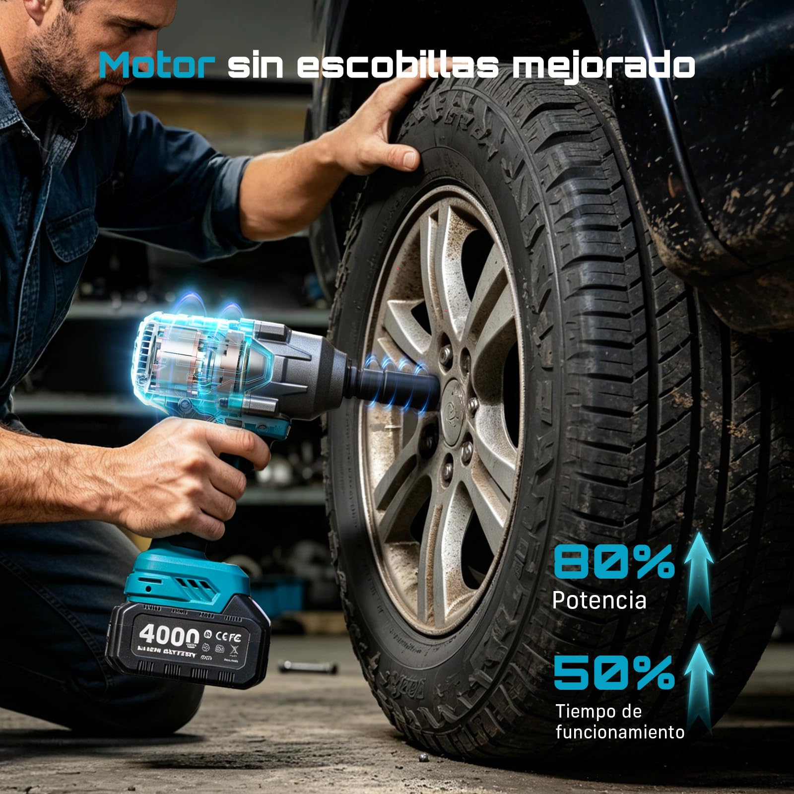 Seesii 1200 N·m llave de impacto a batería, 1/2 Pistola de Impacto sin escobillas con dos baterías de 4000 mAh, cargador rápido, 5 llaves de vaso, llave de impacto para neumáticos de coche