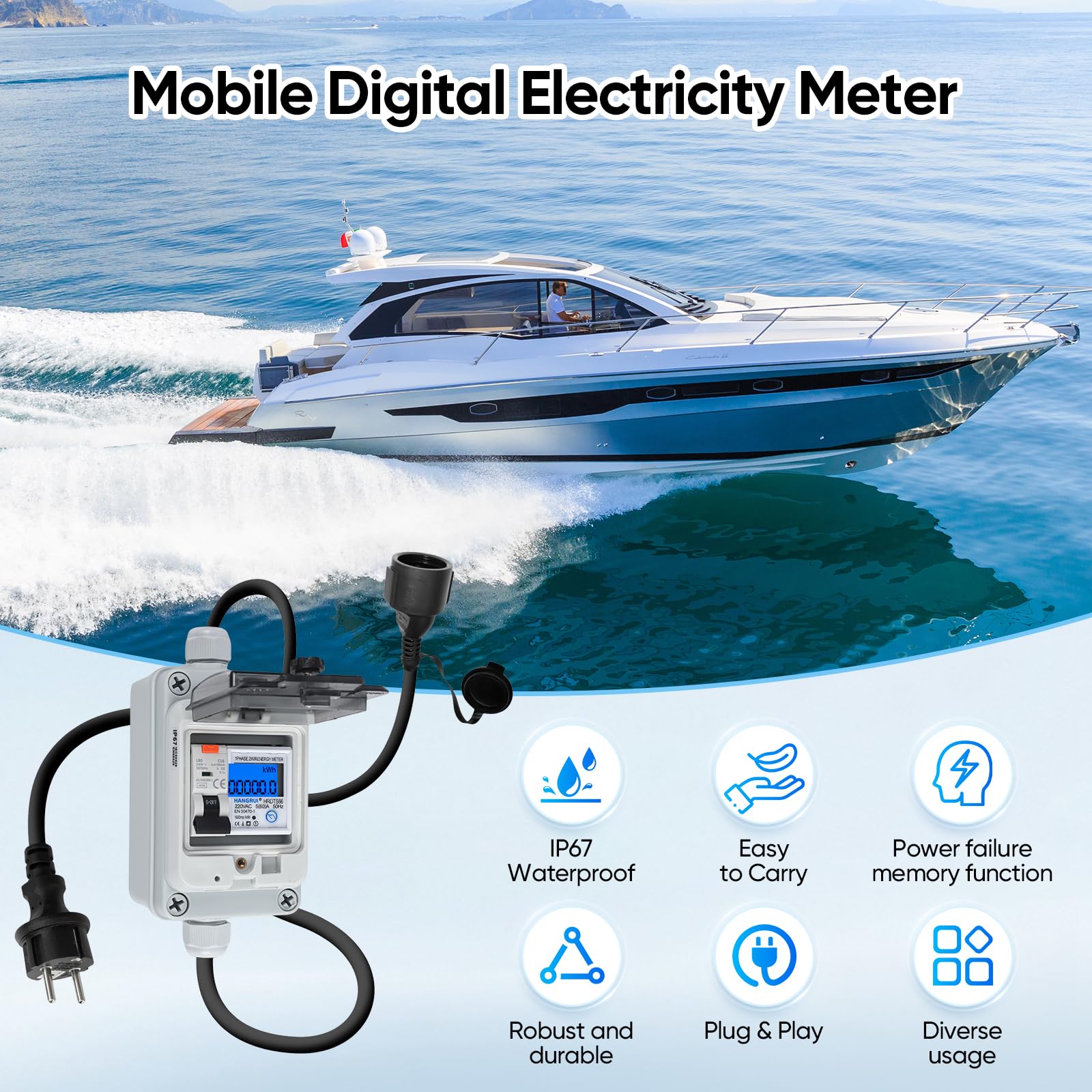 Mobiler Digitaler Stromzähler 230V 60A, Stromzähler für Steckdose mit Typ A fi ls Schutzschalter 16A und Schuko Stecker Ip65, Mobile Outdoor KWH Messgerät für Wohnmobile Elektrofahrzeuge