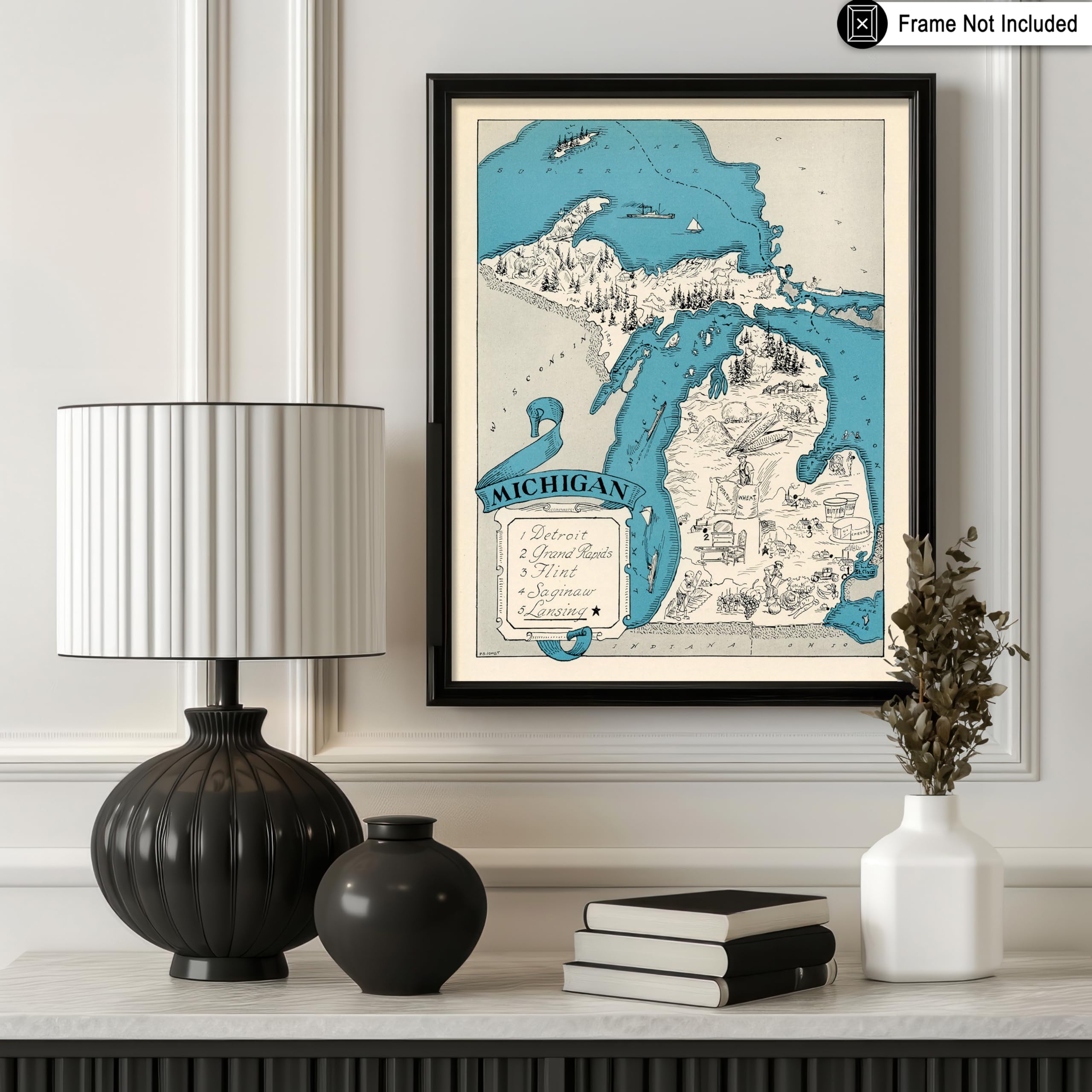 Affiche Carte Du Michigan – Style Vintage – Décoration Murale Par Great River Arts