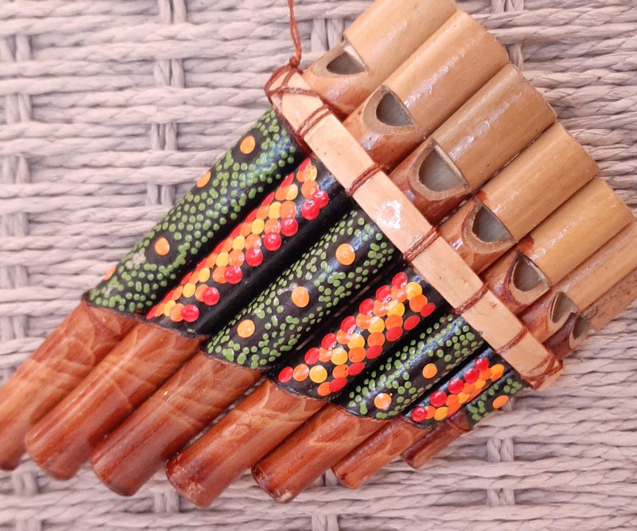 Flûte de pan Péruvienne Artisanale Décorée 7 notes Bambou bois peint