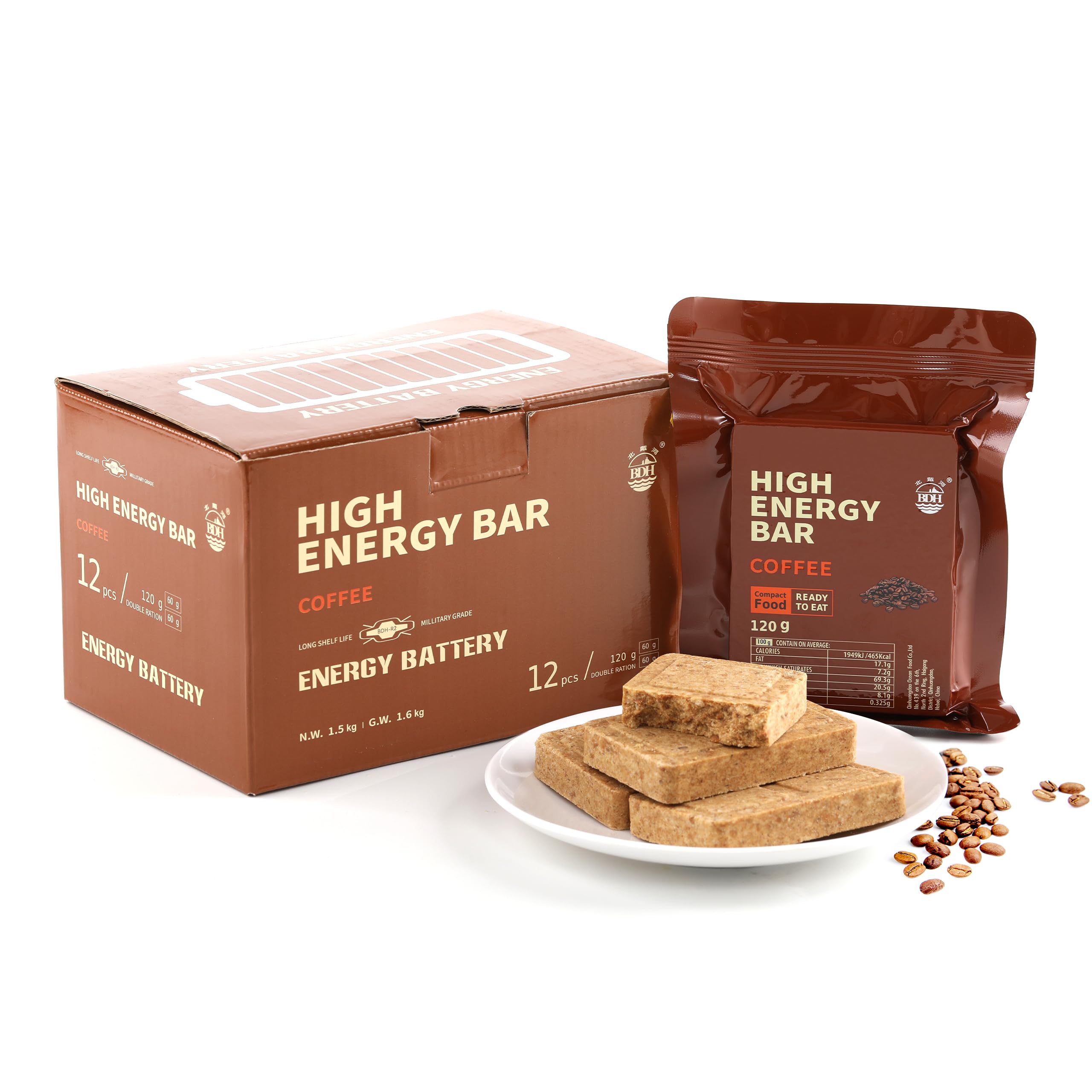 Biscotto energetico gusto caffè, Razione d'emergenza, 12 x 120g | 20 anni di conservazione, 6696 kcal di energia totale. Porzioni individuali per emergenza, trekking, escursioni e campeggio
