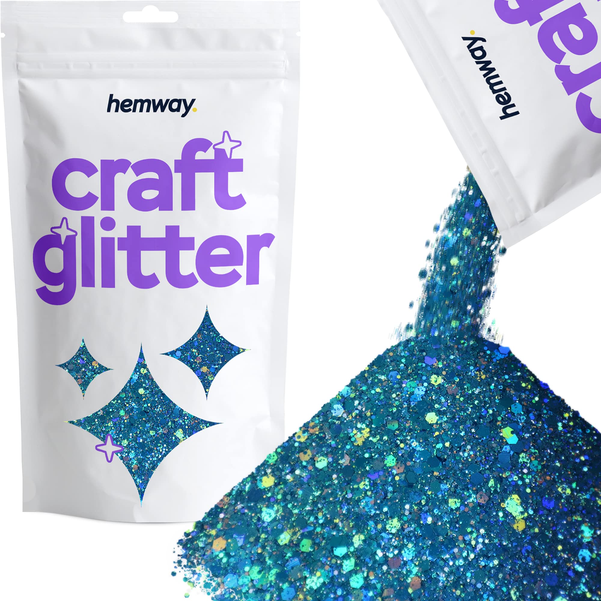 Hemway Craft Glitter - Mezcla De Purpurina Fina Gruesa De Varios Tamaños Para Manualidades, Vasos, Resina, Pintura, Decoraciones, Epoxi, Cosméticos - Holográfico Azul Océano - 100g / 3.5oz