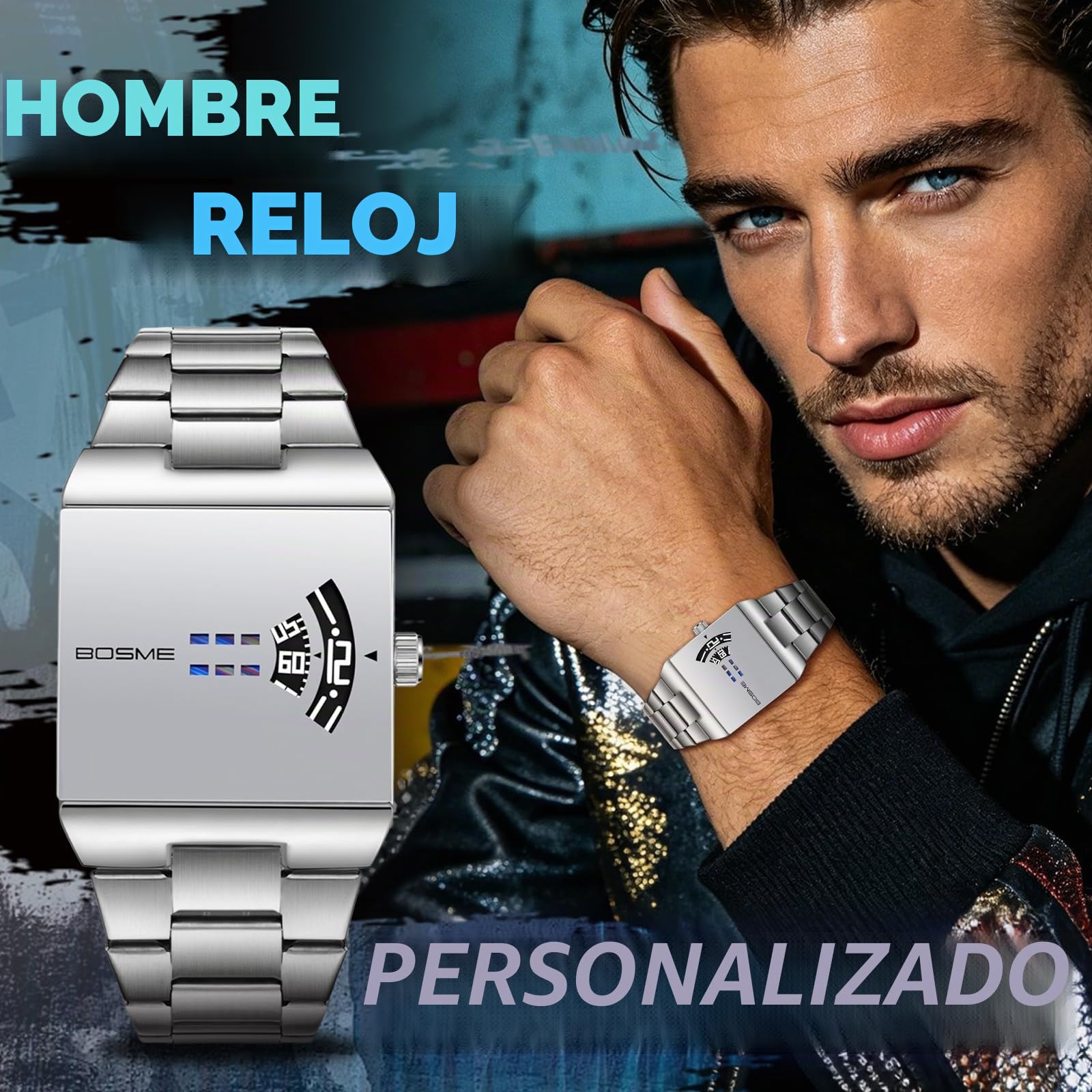 OIDEA - Reloj para hombre, cuadrado, cuarzo, caja plateada, pulsera de acero inoxidable, desmontable, esfera plateada, pantalla sin agujas, estilo Jump Hour Y2K Hip Hop, regalo para hombre