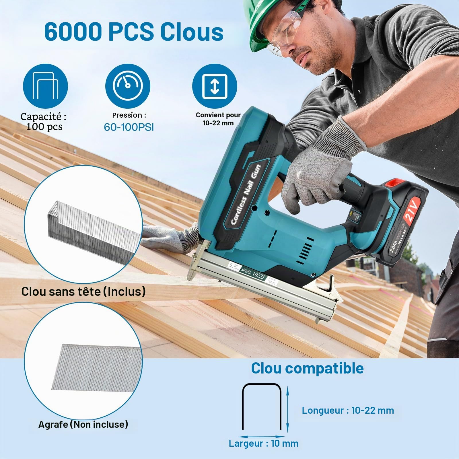 cloueuse electrique sans fil: agrafeuse electrique avec 2 x 2.0Ah Batterie Li-ion, cloueuse sans fil avec 6000 Clous pour les projets de Tapisserie d'ameublement, de Menuiserie et de Travail du bois