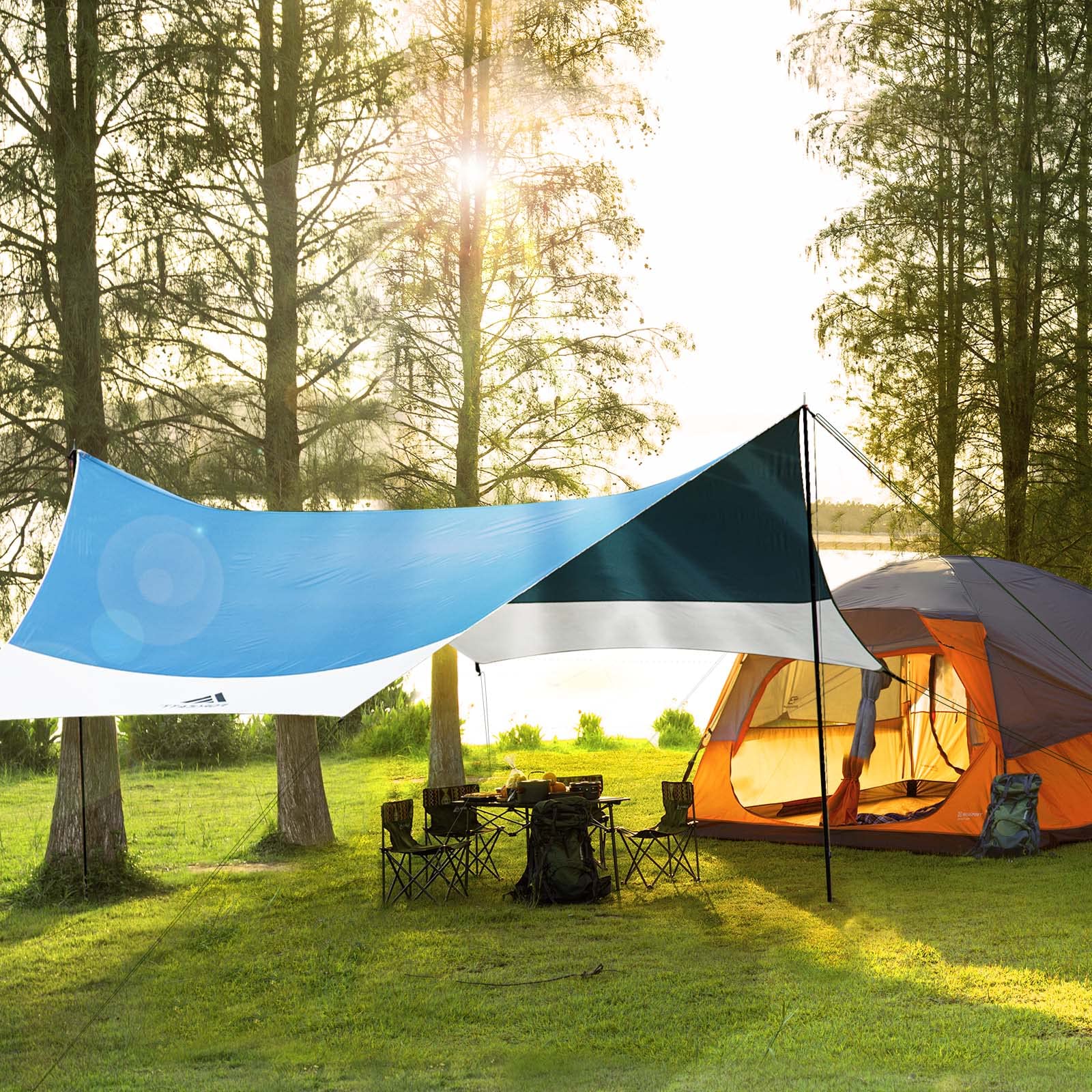 Forceatt Bâche de camping de 3,6 x 4,2 m avec 2 poteaux, imperméable et anti-UV (UPF50+), bâche légère pouvant être utilisée avec voiture, tente et hamac pour la randonnée, le jardin et les voyages.