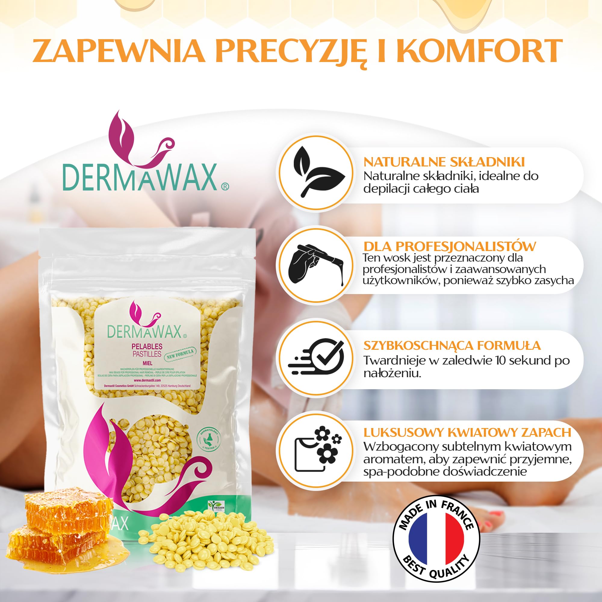 Wosk naturalny miód, wosk filmowy, perły woskowe premium, bez pasków woskowych, do depilacji, depilacji, depilacji całego ciała, nóg, twarzy i ramion