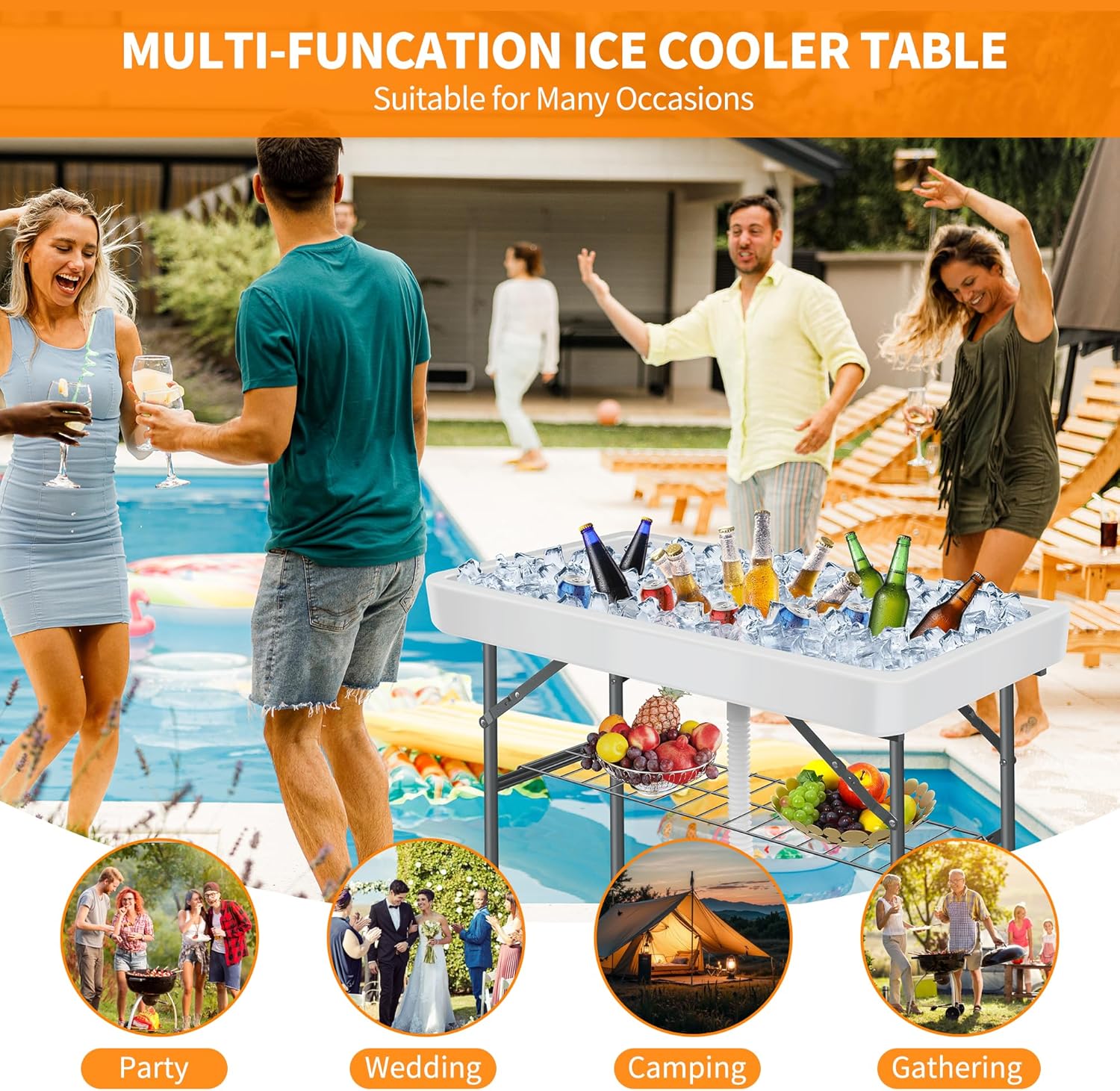 Portable Folding Ice Cooler Table - Two-Tier Outdoor Cooler Table(White)
