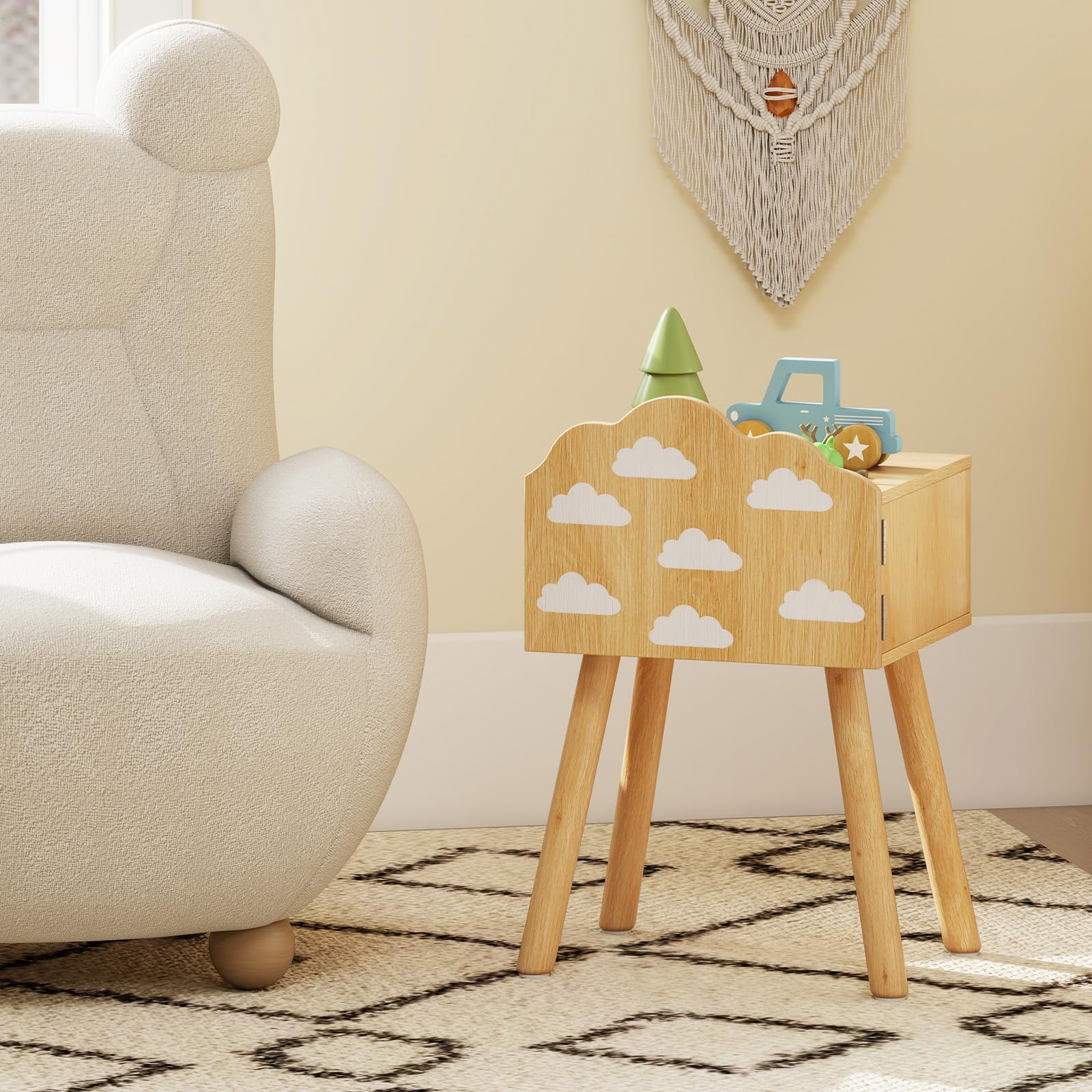 COSTWAY Juego de 2 Mesitas de Noche para Niños, Mesas Auxiliares con Patrones de Arco Iris y Nubes, Patas de Madera Maciza y Dispositivos Antivuelco, Mesillas de Noche Infantiles para Dormitorio