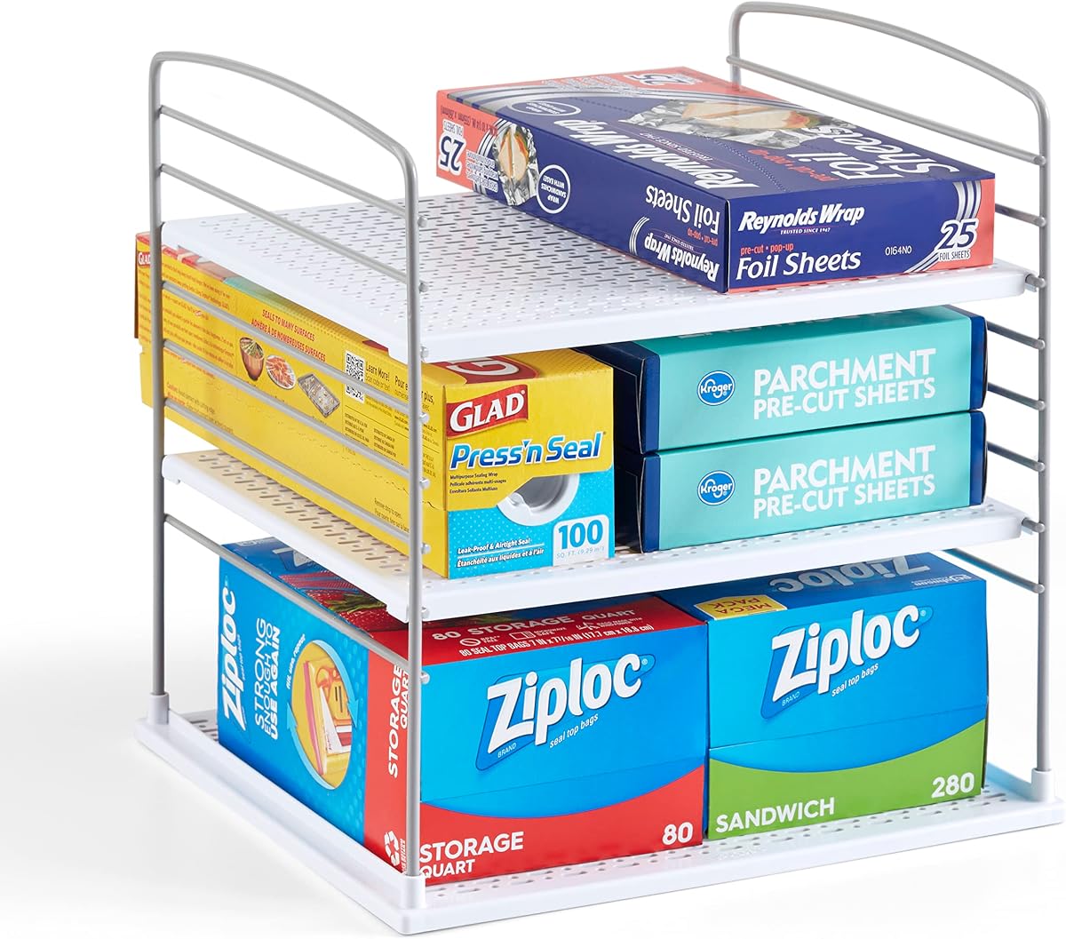 UpSpace Organizador de caja de gabinete, estante ajustable para cocina y despensa para almacenamiento de papel de aluminio y envoltura de plástico, extra grande, blanco