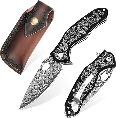 Vista 19 de KOMWERO Cuchillo de bolsillo de Damasco para hombres y mujeres, afilado VG10 Core Damasco cuchillo de acero para acampar al aire libre supervivencia