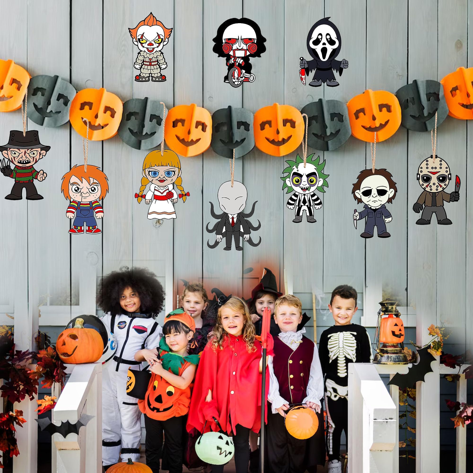BIGSPINACH Horrory, ozdoby choinkowe, 10 sztuk, drewniane, wiszące, mini dekoracje choinkowe, ozdoby świąteczne, Halloween, dekoracja pokoju