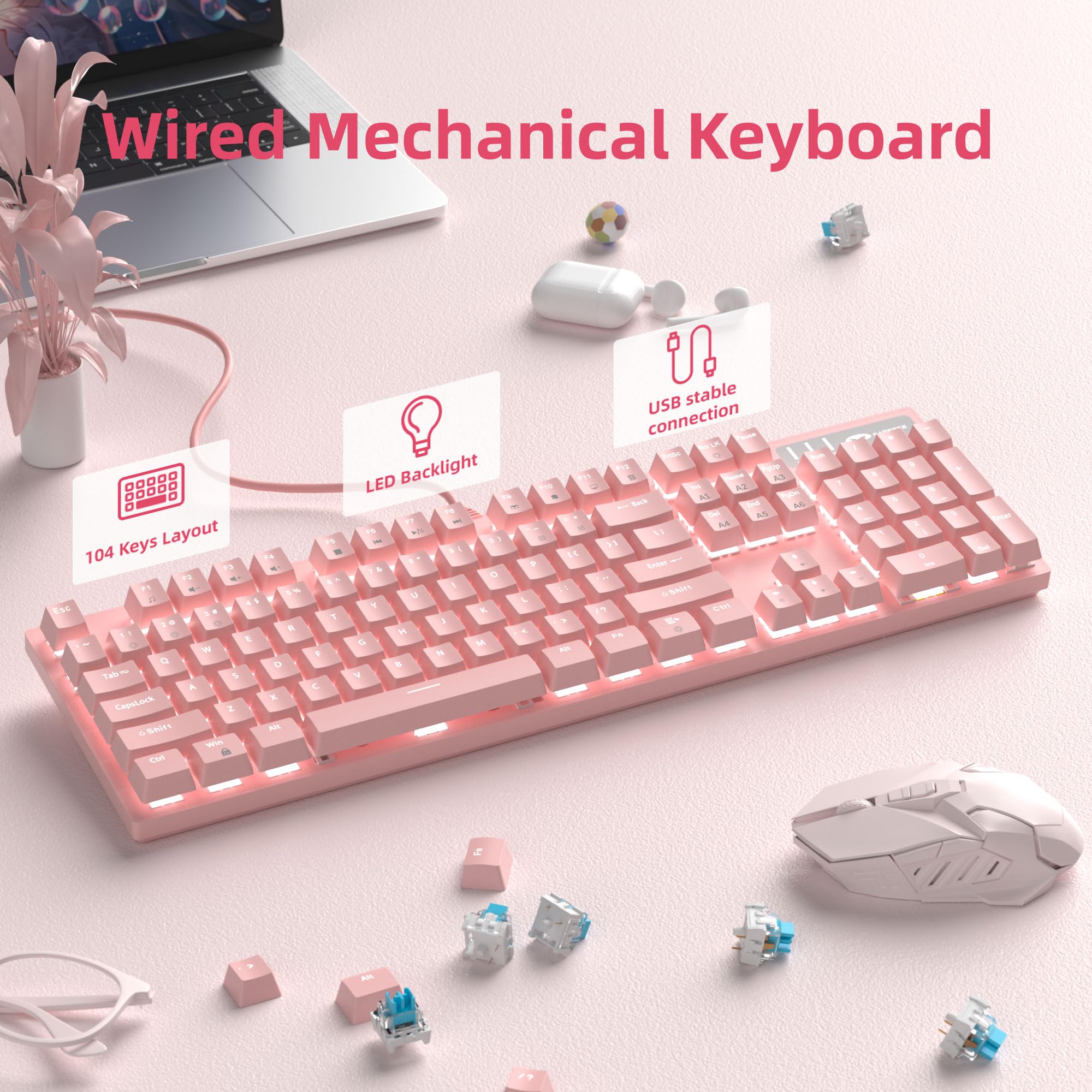 Amazon | MageGee ピンク ゲーミングキーボード USB 有線キーボード