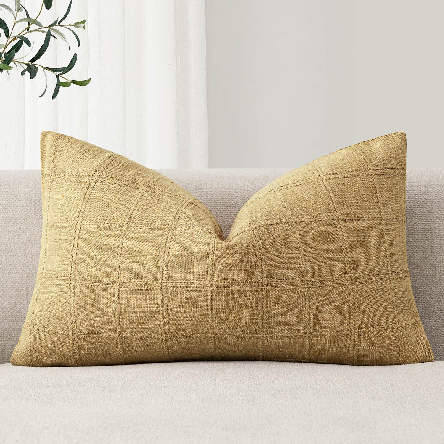 Foindtower Set of 1 Decorative Linen Check Throw Pillow Cover Neutral Farmhouse Lumbar Cushion Cover Modern Boho Accent Home Decor for Sofa Chair Couch Bedroom Living Room,12×20 Inch,Amber Gold
