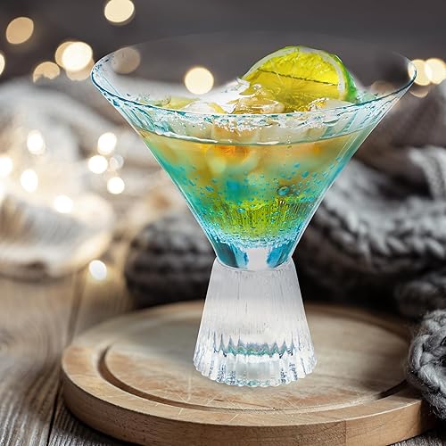 Miniatura 5 de JEKOSEN Juego de 4 vasos de Martini sin tallo de cristal de 8 onzas, cristalería de cóctel vintage acanalada, diseño de burbujas azules de alta