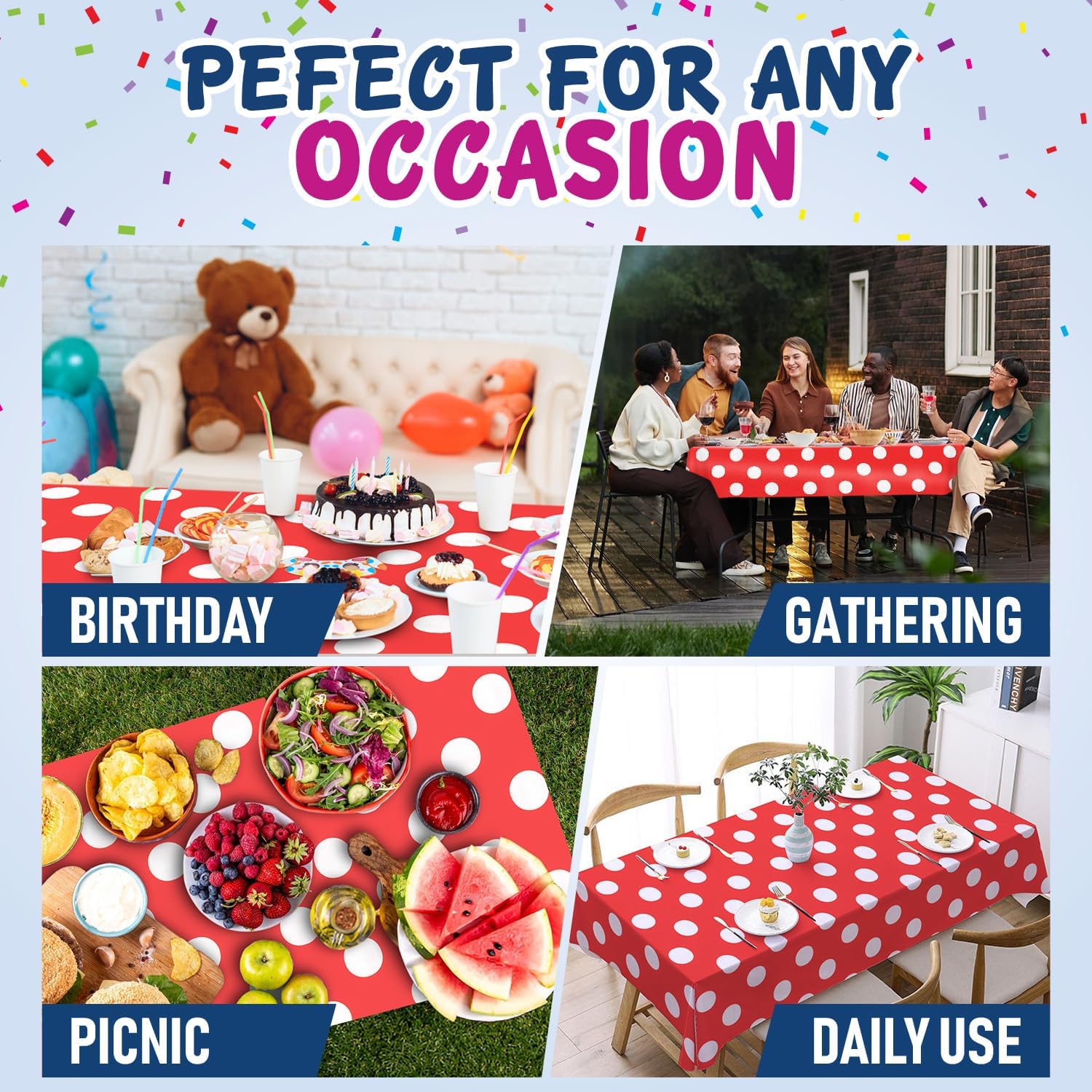 Clearly Polka Dot Red Plastic Tablecloth Roll with Cutter, 423 Sq.Ft (52"x1181") Extra Large Disposable Picnic Table Cover, Plastic Table Cloth Disposable for Parties, Events and Outdoor Gatherings - Image 8