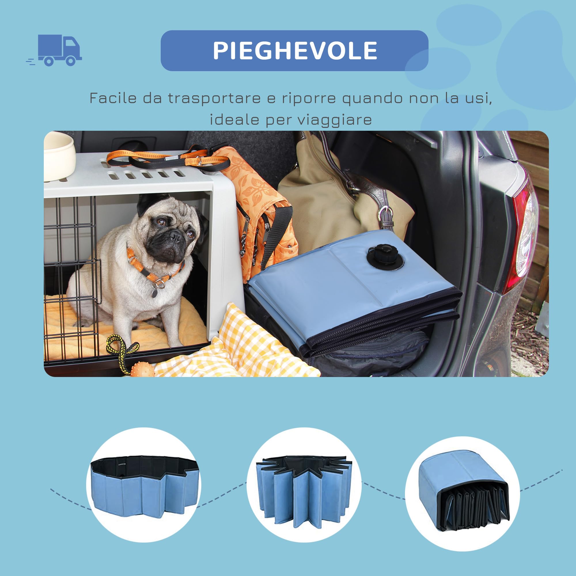 PawHut Piscina per Cani in Plastica, Piscina Pieghevole con Bordo Stabile per Animali Domestici, Ø80 x 20 cm, Blu