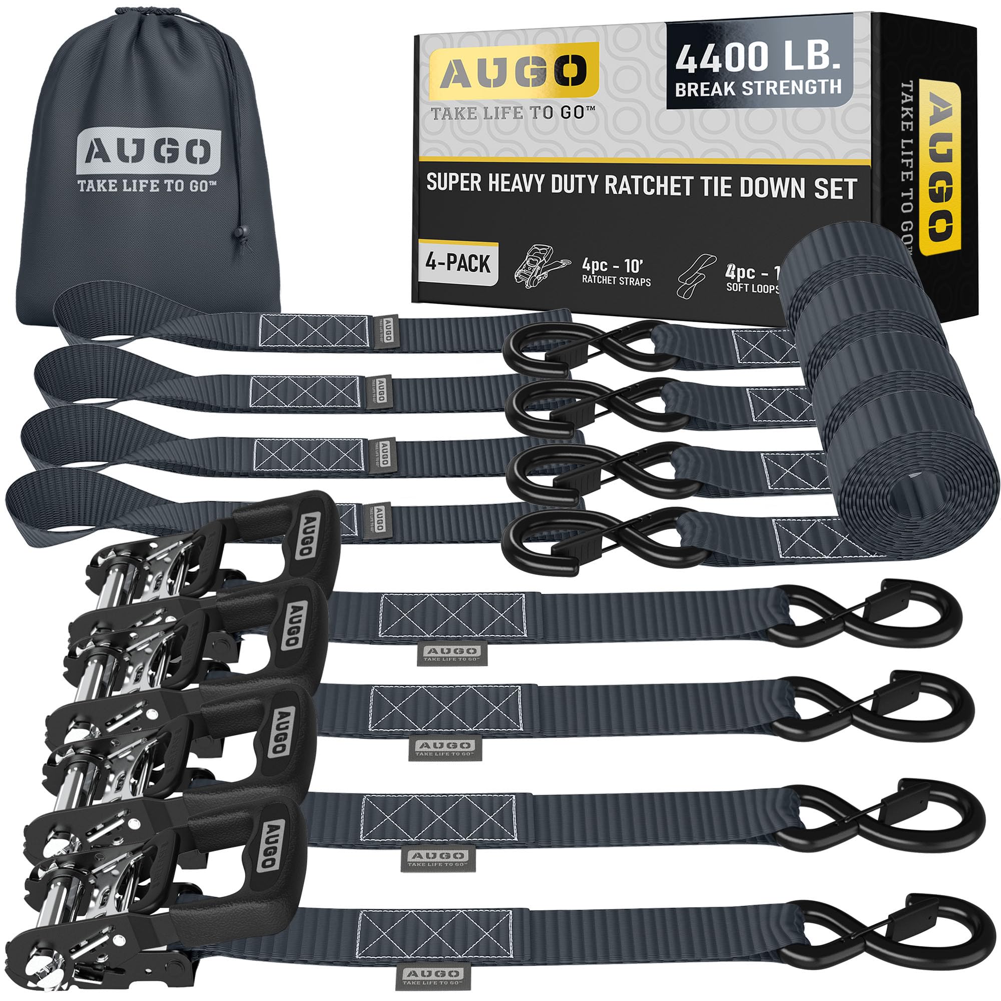 AUGO Ratchet Straps Heavy Duty 4 Pack -15 FT - 2200 LB Break Strength – with Safety Lock S Hooks - Cargo Straps for Moving, Appliances, Motorcycle – Soft Loop Tie Down Straps — view 12