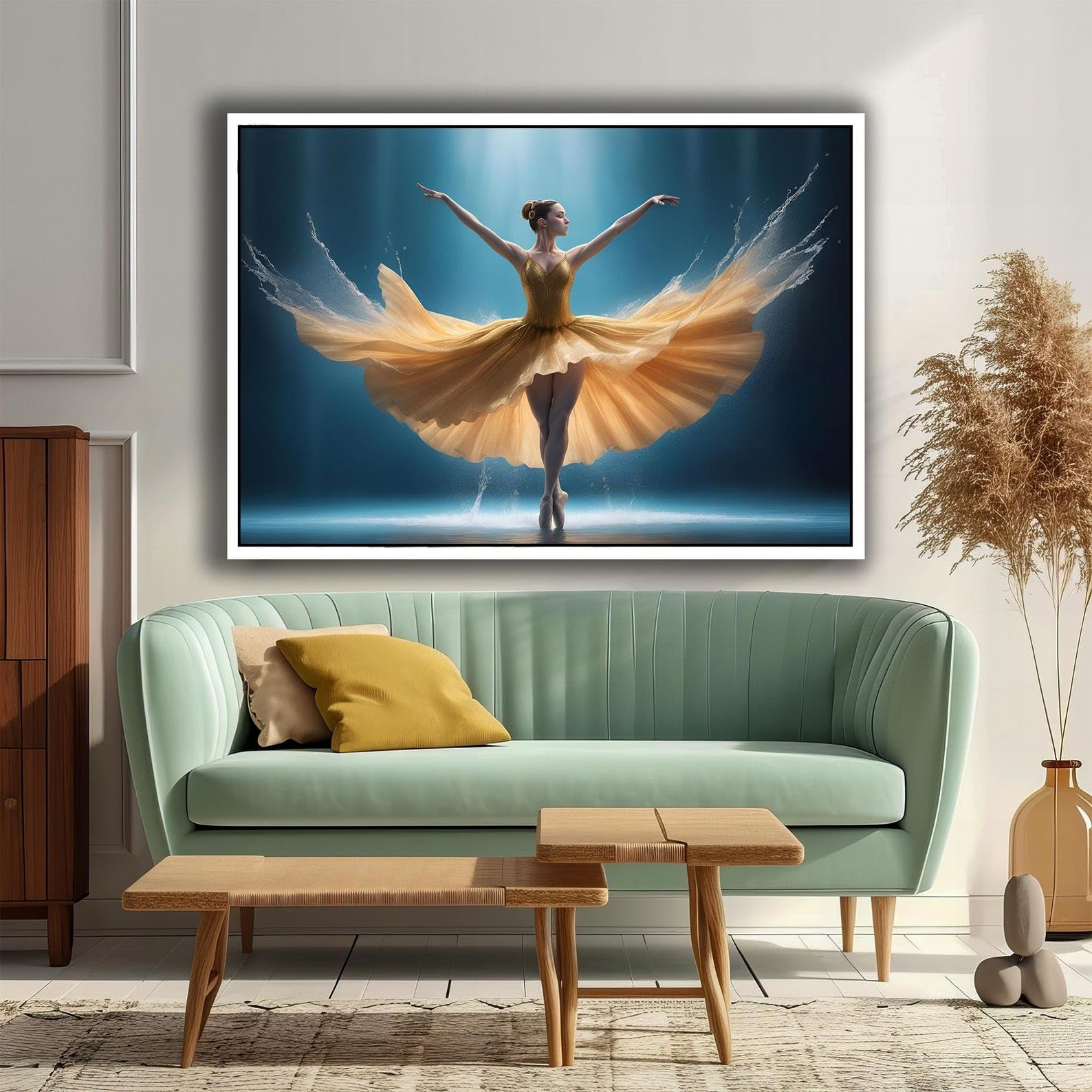 LMYCHENG Złote plakaty taneczne i druki: elegancka tancerka z żółtą sukienką płótno ścienne dekoracja sypialni (30 x 40 cm / wewnętrzna rama)