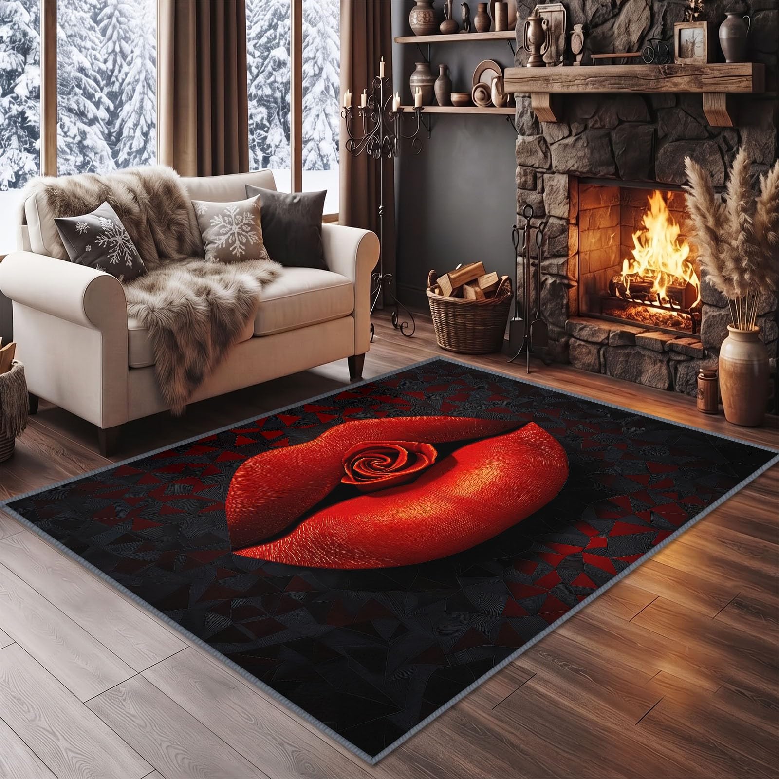 Dywan z czerwonymi ustami, różowy, 140 x 200 cm, do sypialni, romantyczny, gotycki, miękki dywan kuchenny, antypoślizgowy, nadaje się do prania, do salonu, jadalni, przedpokoju, wewnątrz
