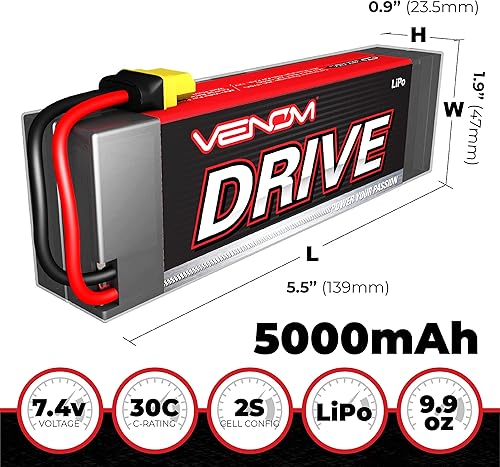 Miniatura 2 de Venom Drive Series 30C 2S - 5000mAh 7.4V LiPo RC Batería - Enchufe universal 2.0, polímero de litio 2 celdas - Conector de silicona suave y