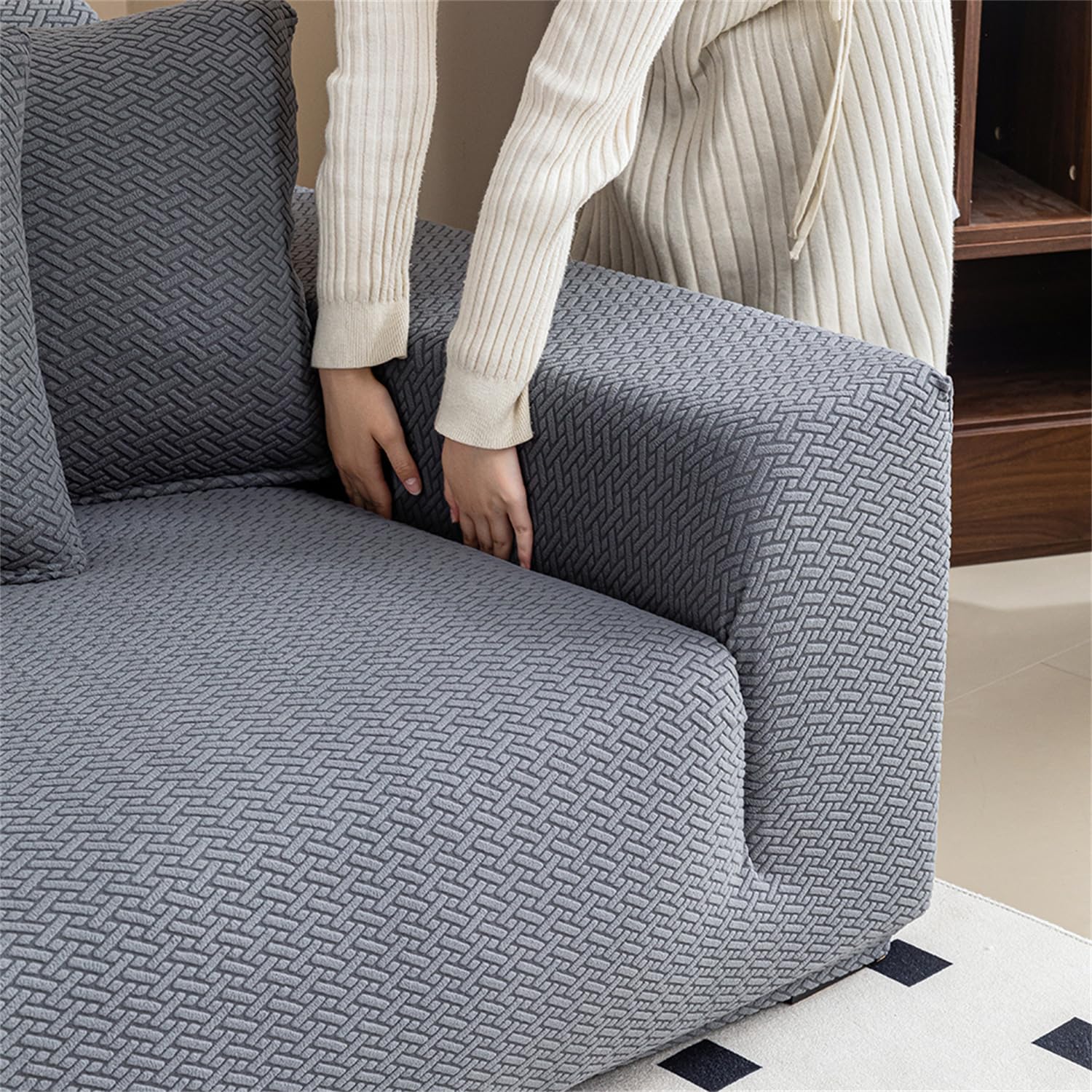 Copridivano 3 Posti Con Braccioli, Copri Divano Elasticizzato Copridivani Antiscivolo Antimacchia Universale | Sofa Cover Jacquard Antigraffio Gatto e Cani, Grigio Scuro