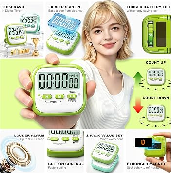 2 Pack Classroom Timers for Kids Teachers, Magnetic Countdown Digital Kitchen Timer for Cooking, Study, Exercise, Games, Time Mangement - Loud/Silent Mode - Battery Included