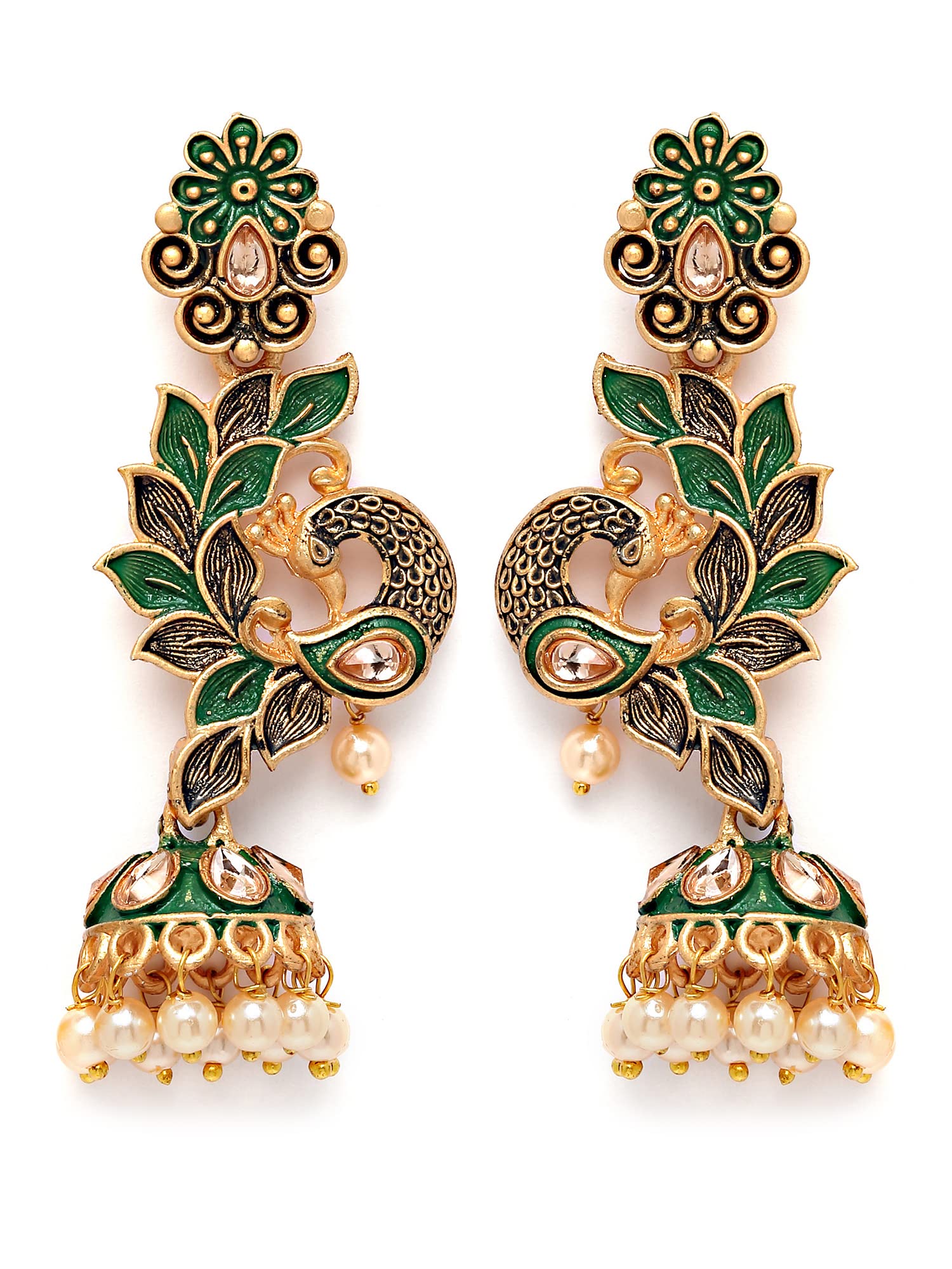 karatcart Gold Plated Peacock Shape Green Kundan Dangler Jhumki Earrings for Women-picture-27