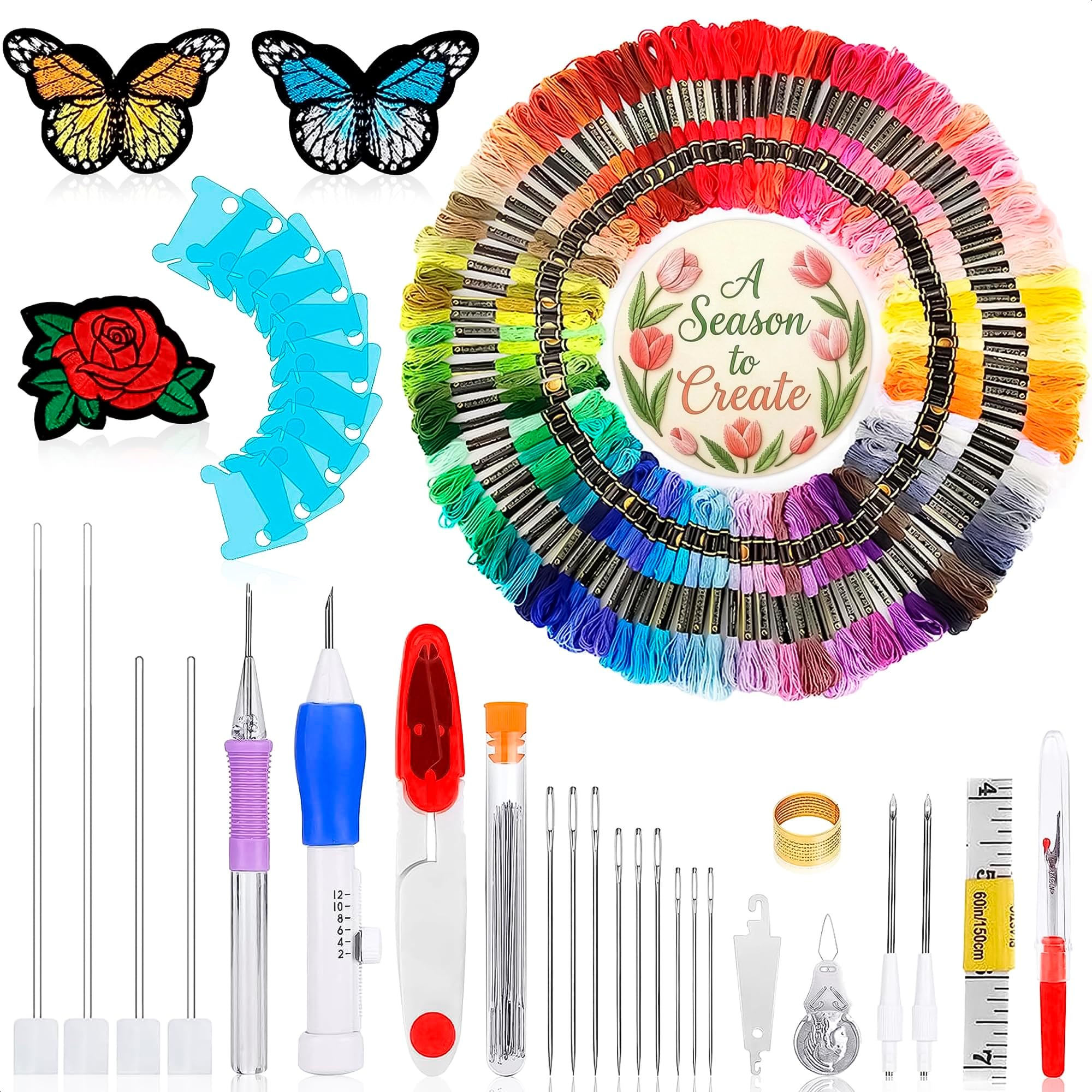 137-Piece Embroidery Kit for Beginners – Punch Needle Kit with Needles, Thread Cutter & Cross Stitch Tools, 100-Color Embroidery Floss – Complete Set in 7" x 3.94" Storage Case for DIY Sewing Projects