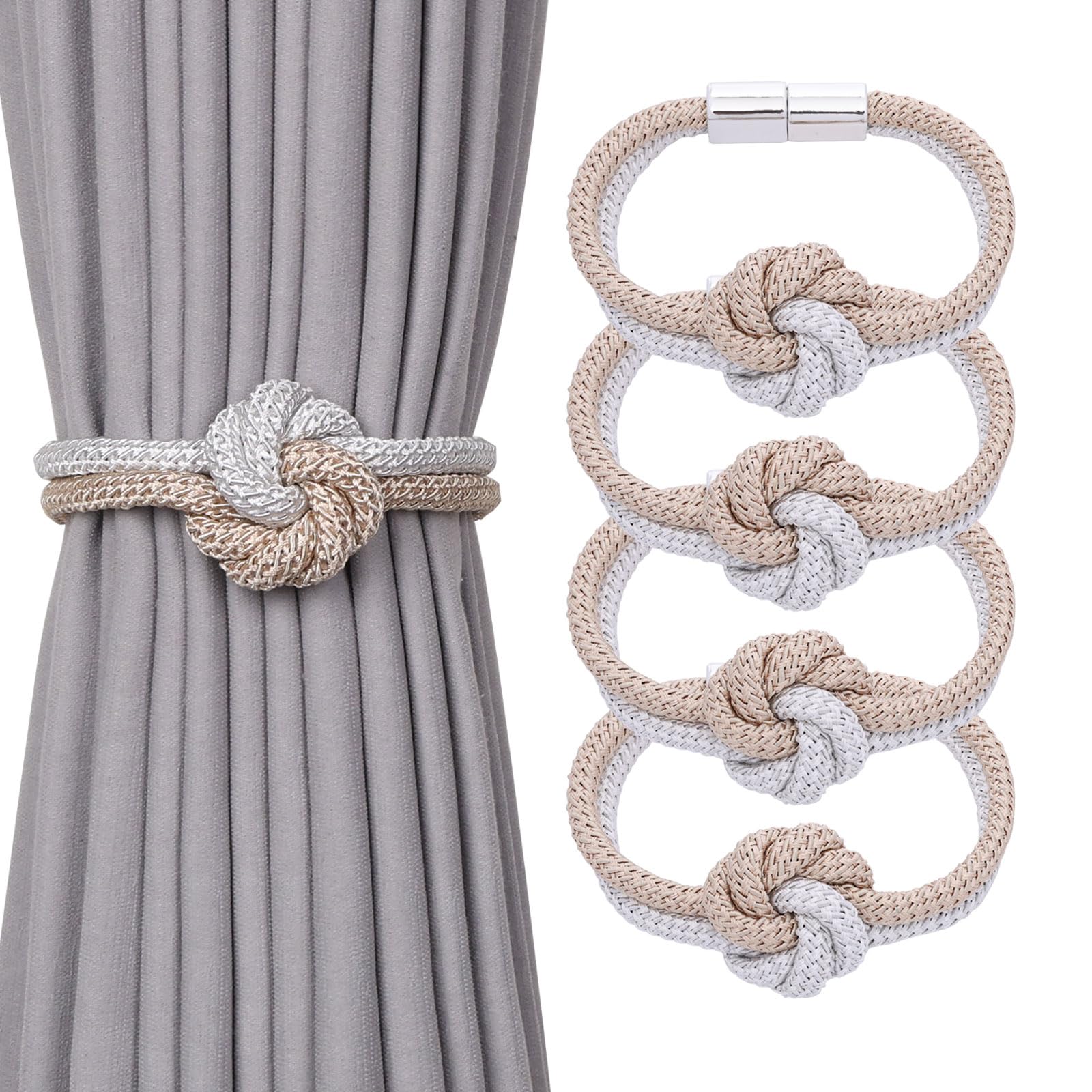 Pretty Jolly 4 Pack Cute Flower Knot Magnetic Curtain Tiebacks Nordic Style Drape Tie Backs Elegant Hand Weave Rope Decorative Curtain Holdbacks for Home & Office Window Drapery (Beige & White)