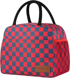 Lunch Bag Women/Men Lunch Box Women/Men (Dark blue+Red Checkerboard)