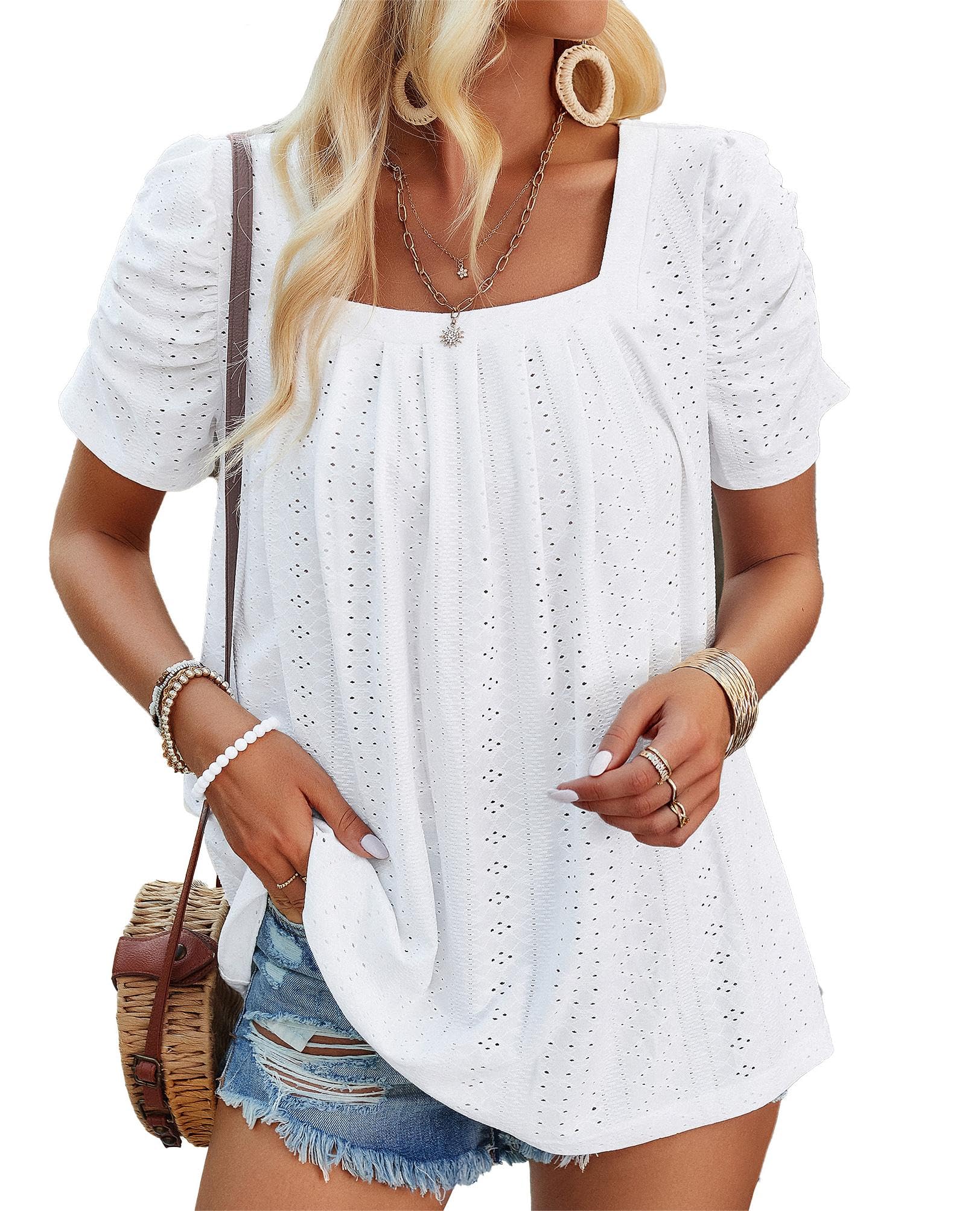 Damen Blusen Sommer Elegant Puff Kurzarm Tunika Bluse T-Shirt Basic Tee Tops Quadratischer Hals Öse Lässige Schickes Oberteil