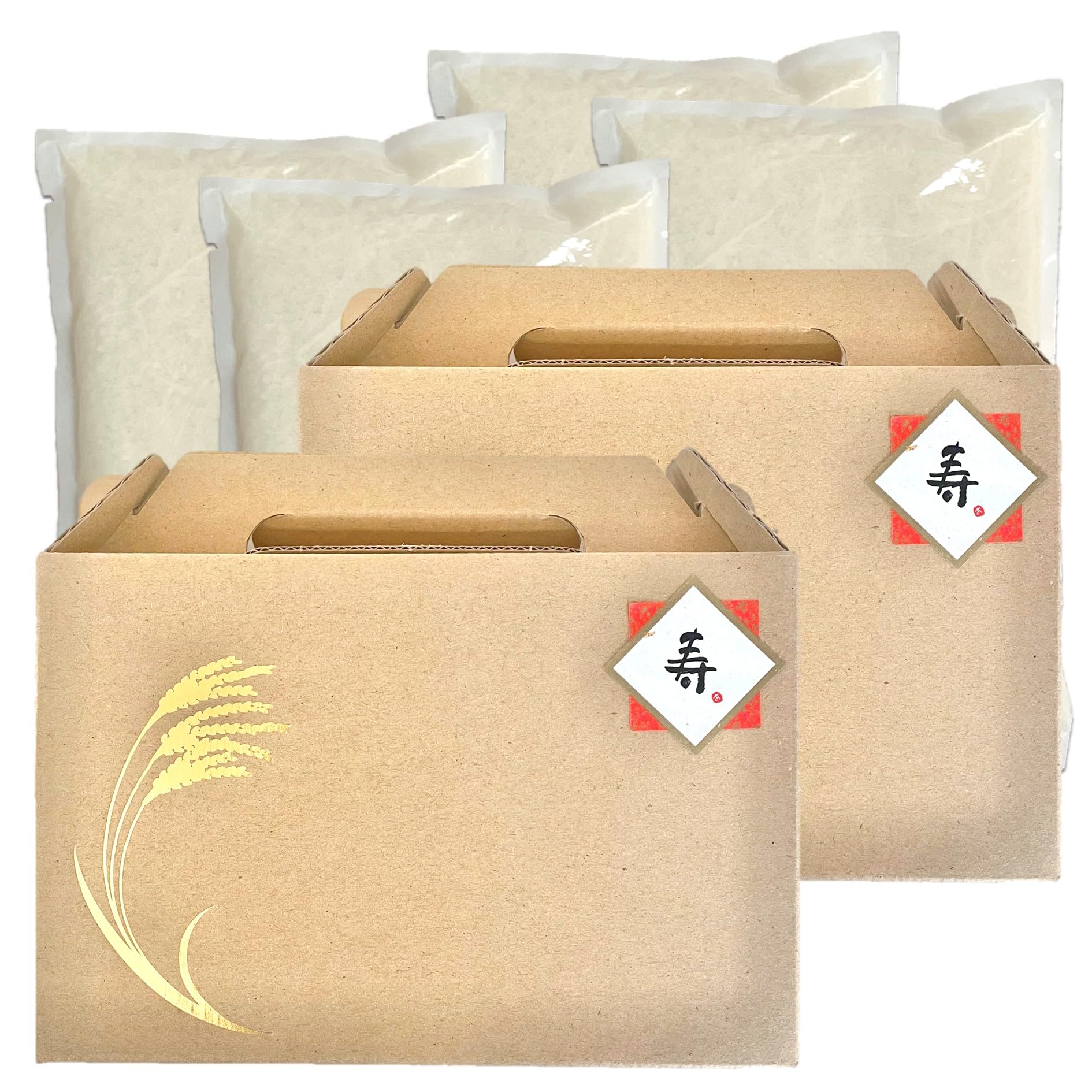 ベイコックノベルティ 【精米】持ち手箱入り(2合米×2袋)「寿」 山形県産はえぬき 計600g 手提げ袋付き
