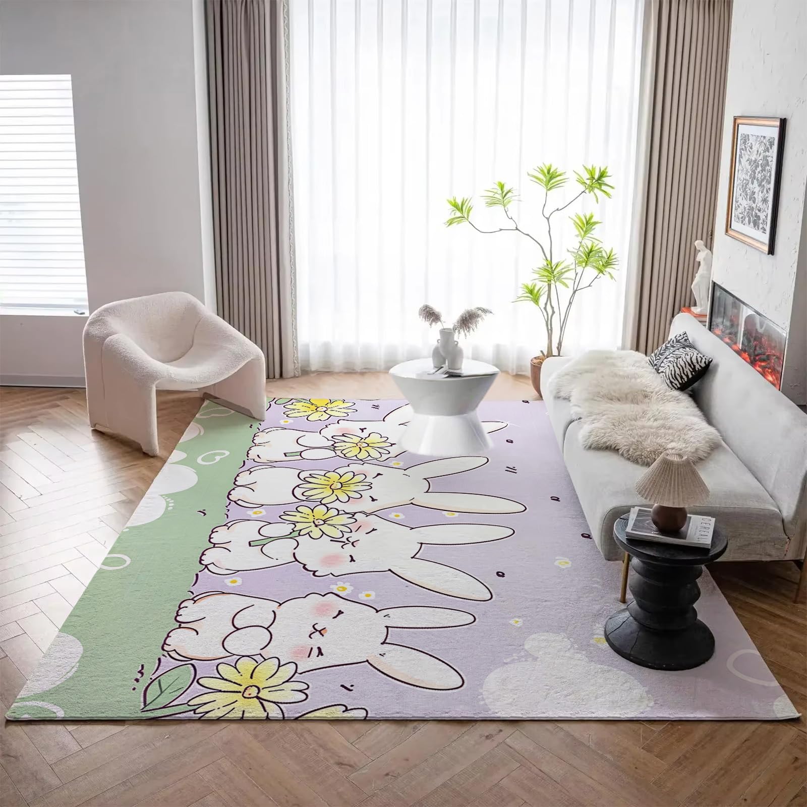 Coniglio Dei Cartoni Animati Tappeti Soggiorno Camera Da Letto – Animale Adorabile Tappeti Antiscivolo – Moderno Morbido Pelo Corto Peluche 90X150Cm Tappeto - Non Perde Pelo Facile Pulire