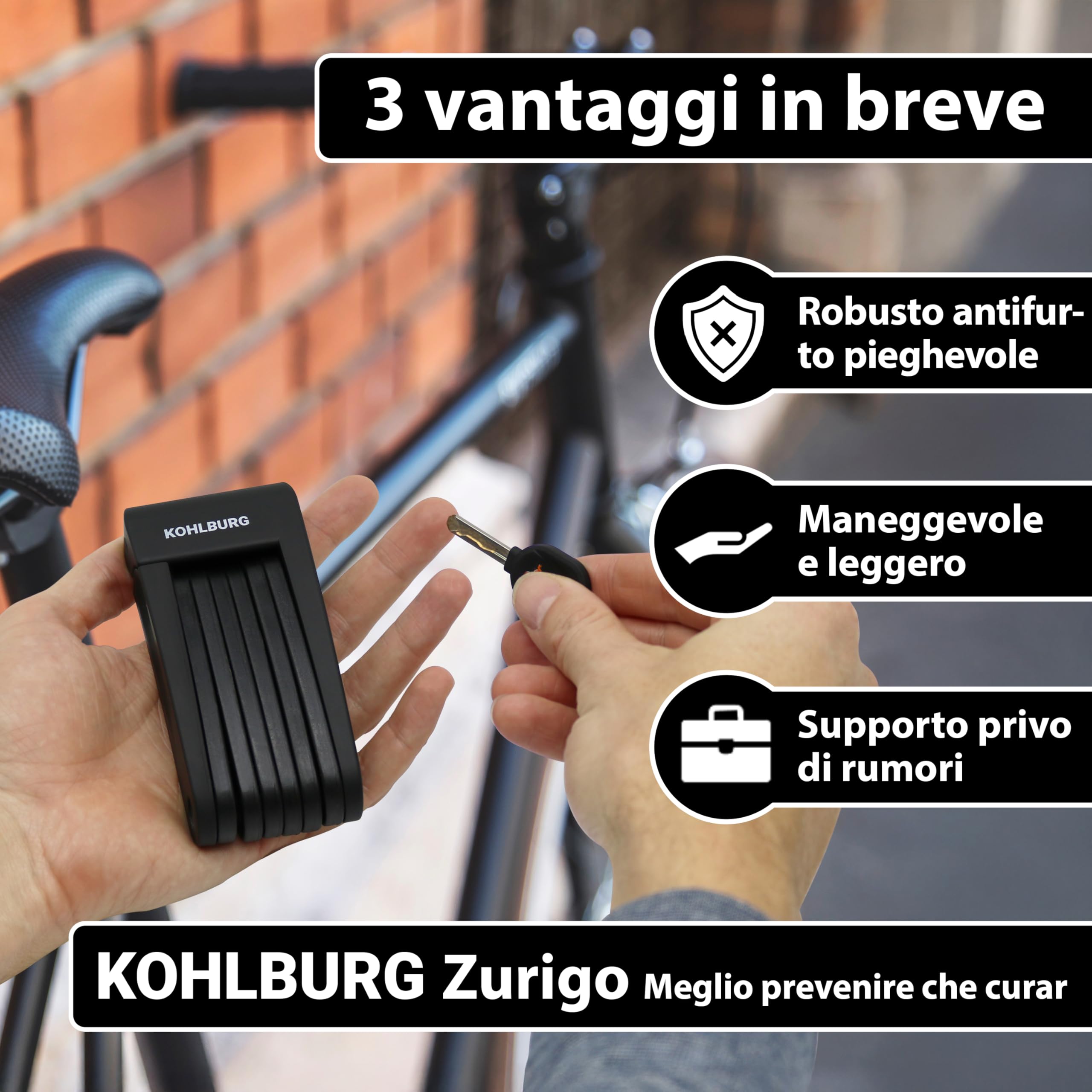 KOHLBURG Antifurto pieghevole leggero | 680g | 70cm lungo | con supporto | Lucchetto piccolo & leggero | Antifurto per biciclette in acciaio temprato | per bicicletta elettrica & monopattino elettrico