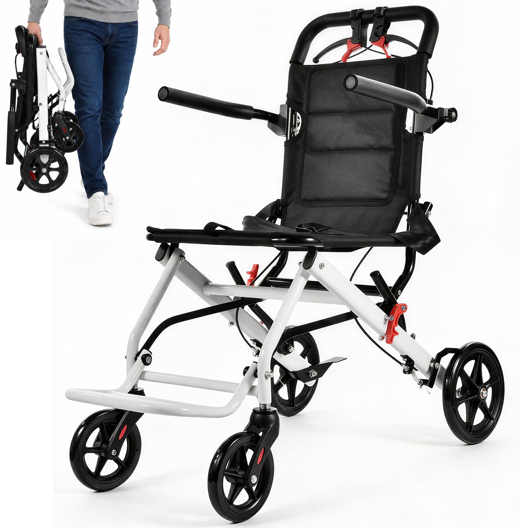 Silla de ruedas plegable ultraligera con frenos, capacidad de carga de 100 kg, silla de ruedas de aleación de acero al carbono, ideal para menores de 180 cm de grosor y ancianos, asiento de 40 cm