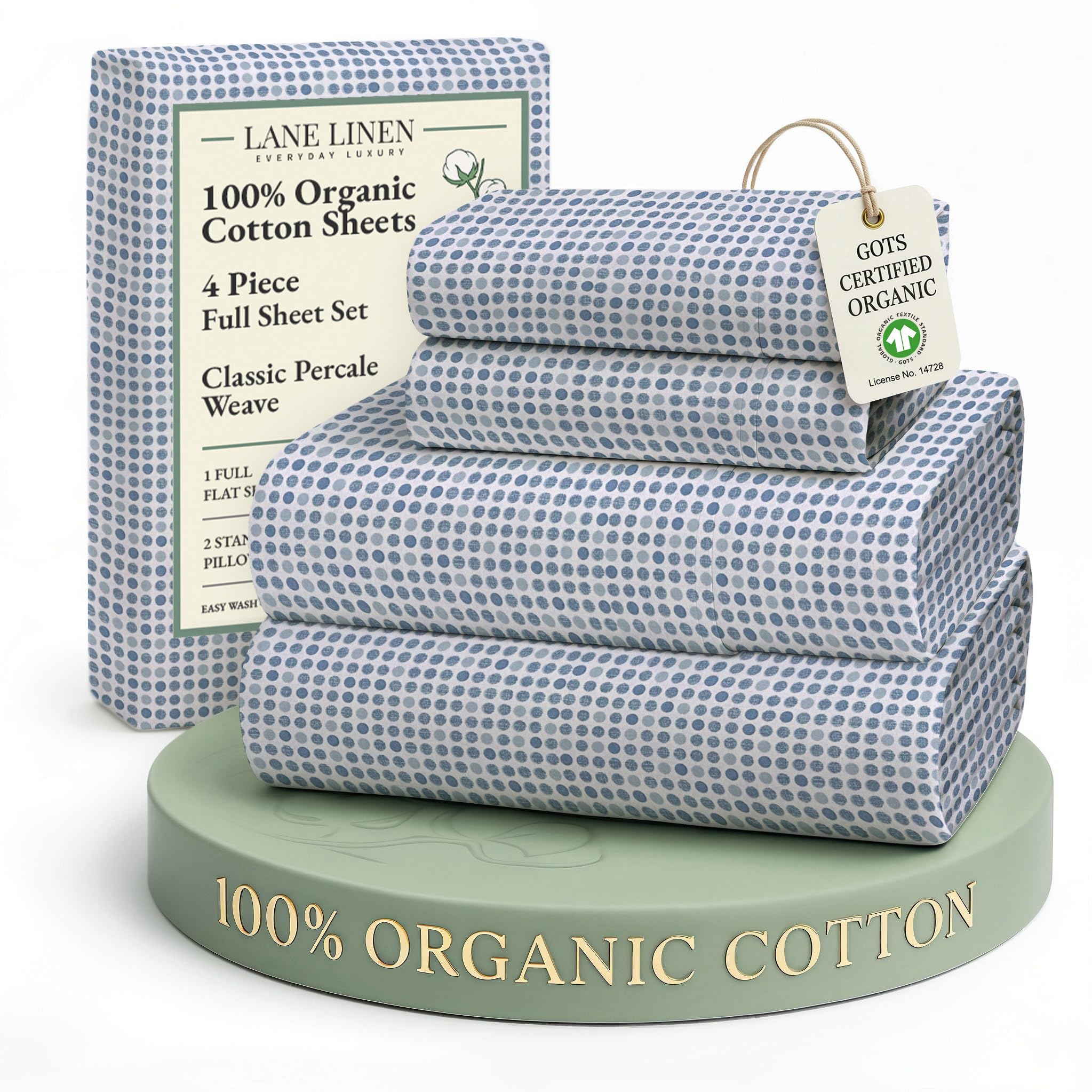 Photo 1 of LANE LINEN 100% Organic Cotton Full Sheets Set Soft & Comfy Percale Long Staple Soft Bedding Breathable Fully Elasticized Mercerized Printed Cotton Full Size Set - Polka Dot