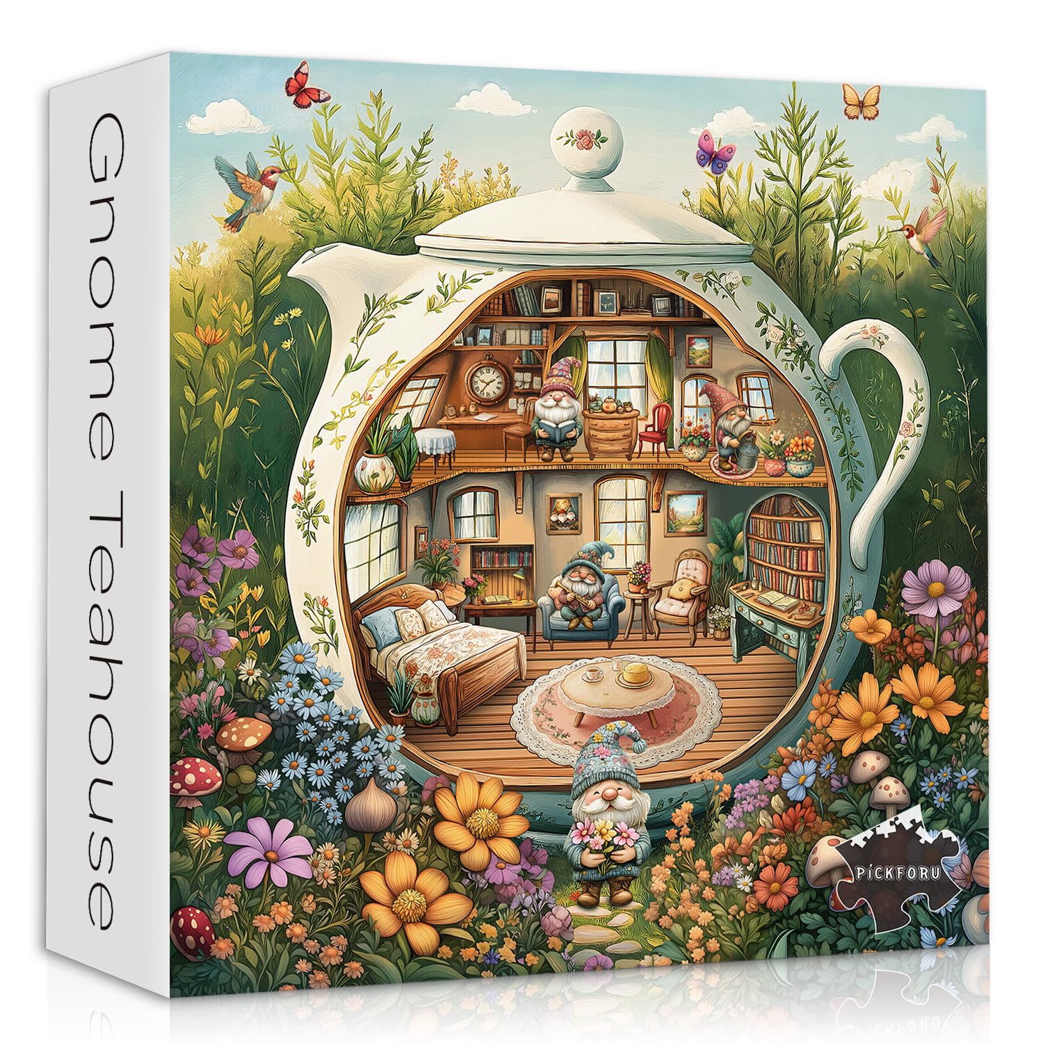 PICKFORU Funny Gnome Puzzles for Adults 1000 Pieces, Flower Garden Nature Plant Butterfly Bird Themed, Tea Cup Flower Art Challenge Jigsaw Puzzle