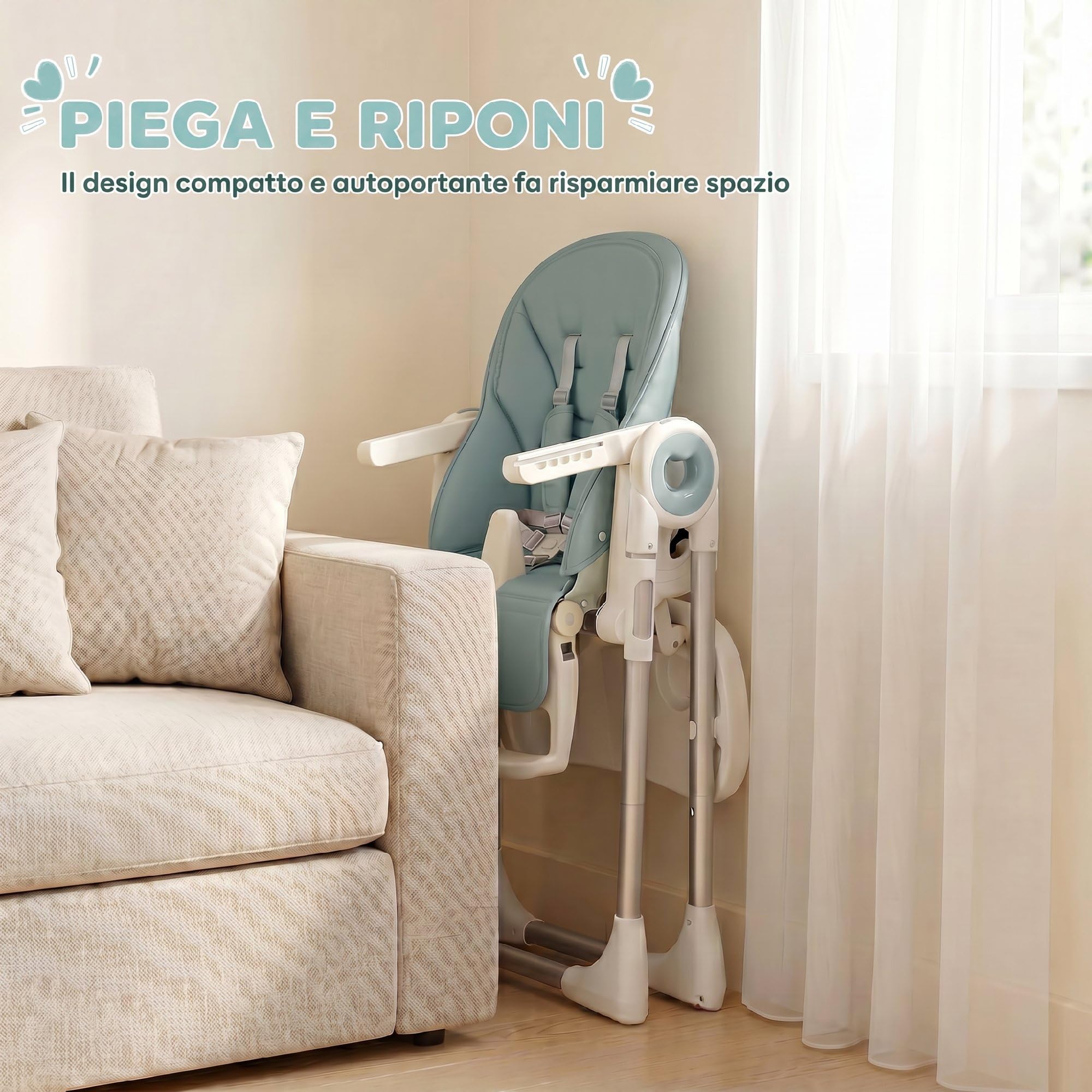AIYAPLAY Seggiolone Pappa Evolutivo Bambini Pieghevole, 6-36Mesi/15kg Verde | Reclinabile, Altezza e Poggiapiedi Regolabile, Doppi Vassoio Lavabile e Regolabili, Ruote, Cintura 5 Punti